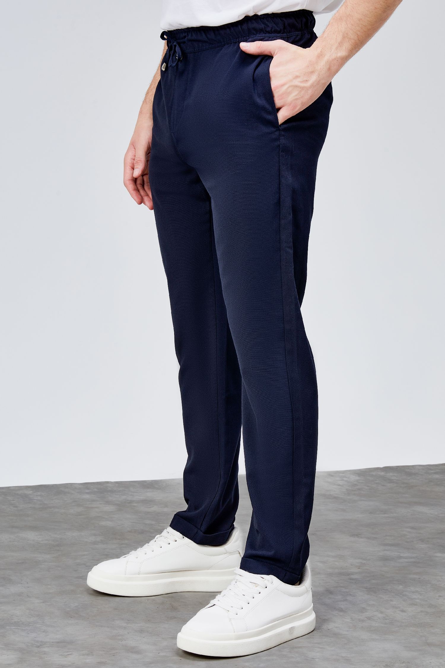 Erkek Lacivert Relaxed Fit Yandan Cepli Beli Lastikli Bağcıklı Duble Paça Jogger Pantolon BOLT-1997