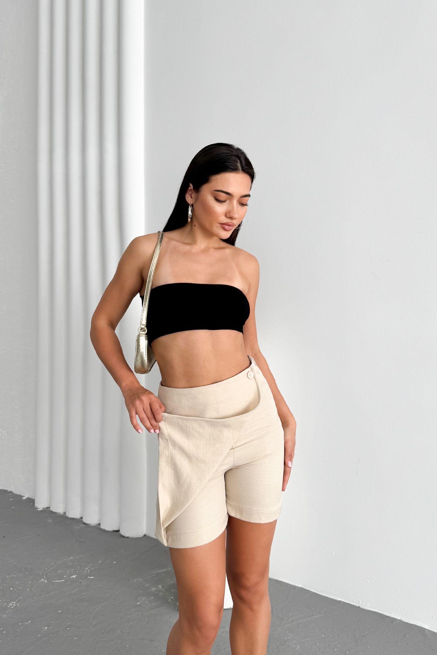 Krem Kadın Slim Yandan Fermuarlı Yüksek Bel Kısa Keten Şort Etek MİA-4551