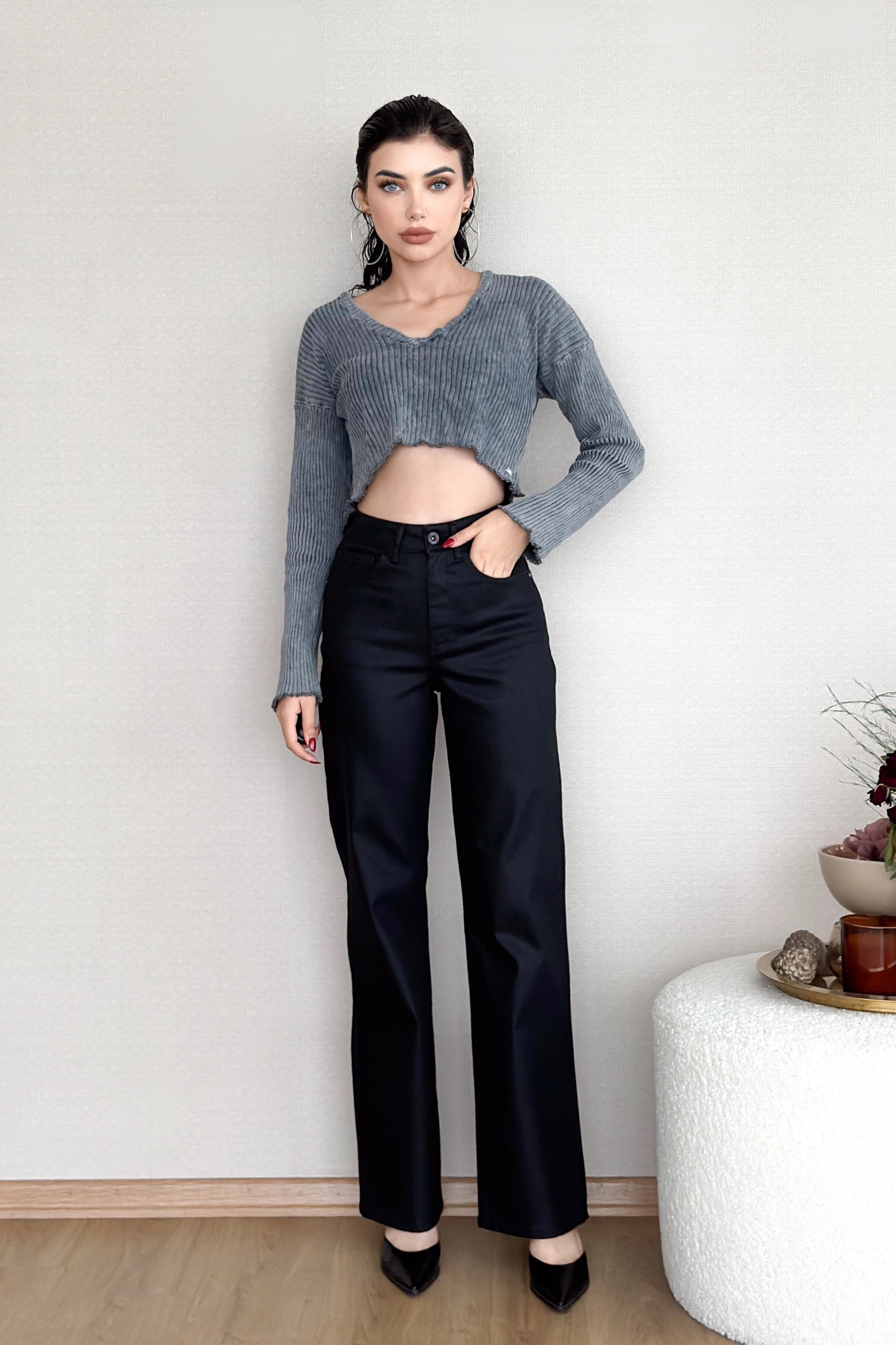 Siyah Kadın Wide Leg Jean Yüksek Bel Palazzo Özel Kumaş Likralı Esnek Kot Pantolon JESSİCA-2037