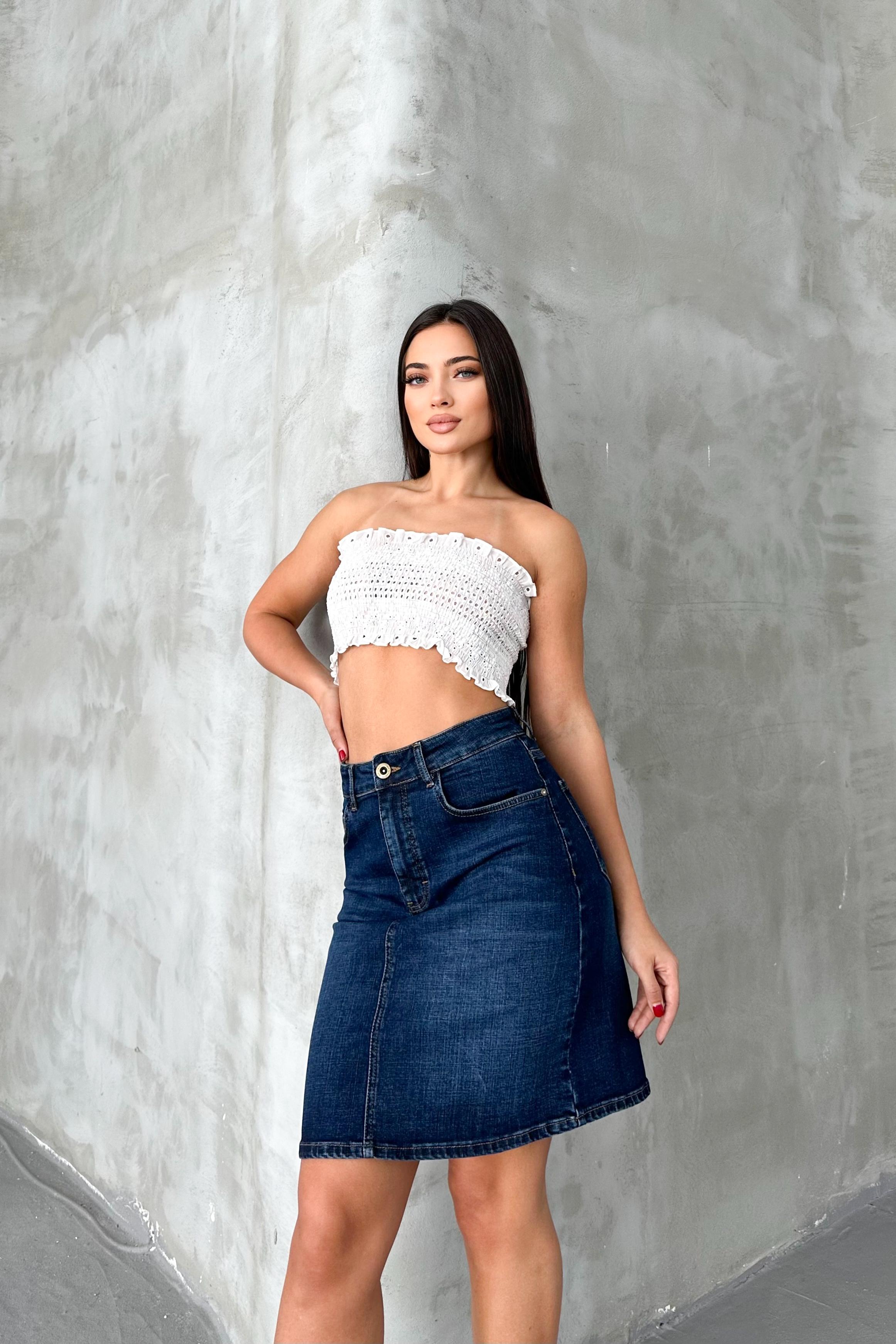 Koyu Mavi Kadın Regular Fit Yüksek Bel Orta Boy Denim Kot Etek ALİCE-4006