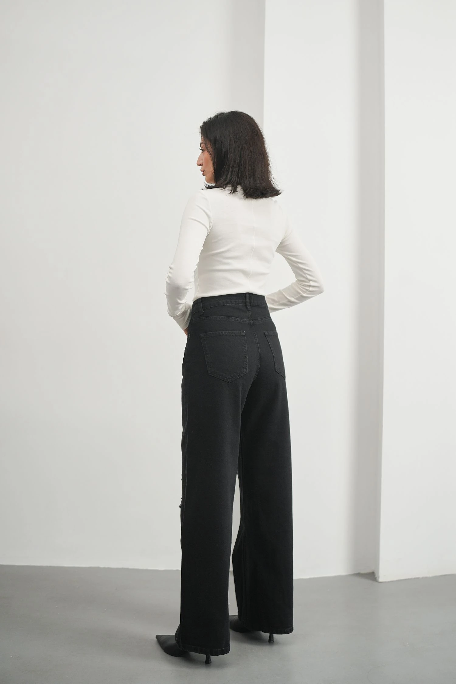 Siyah Kadın Yırtıklı Wide Leg Jean Yüksek Bel Palazzo Likrasız Pamuklu Kot Pantolon JESSİCA-2038