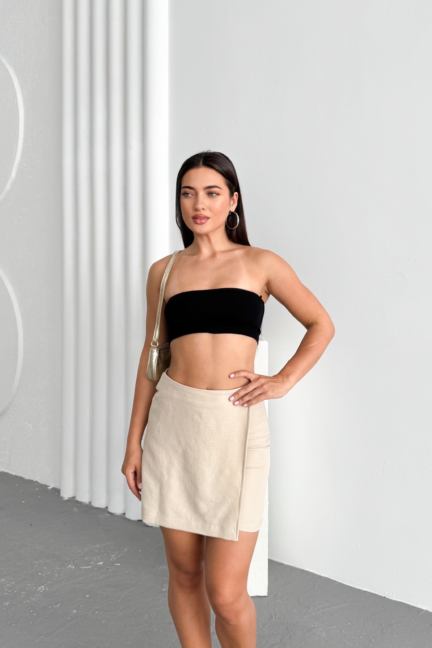 Krem Kadın Slim Yandan Fermuarlı Yüksek Bel Kısa Keten Şort Etek MİA-4551