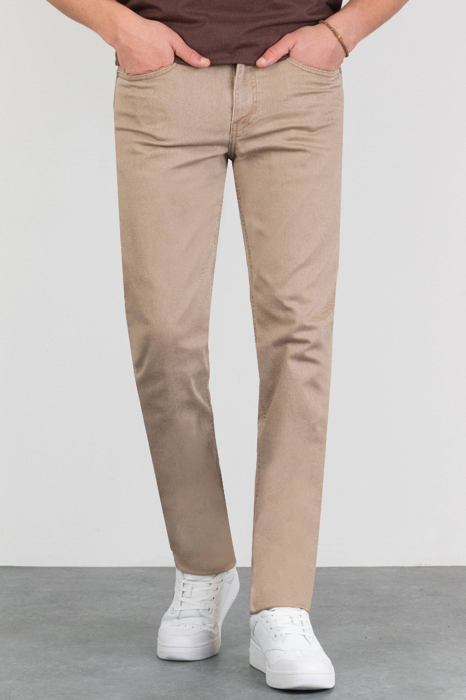 Erkek Bej Regular Fit Likralı Jean Boru Paça Rahat Kesim Kot Pantolon BENJAMİN