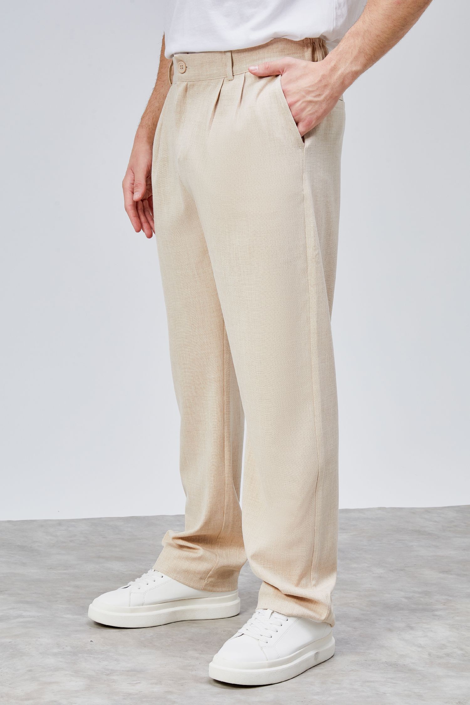 Erkek Bej Çift Pileli Rahat Kesim Beli Lastikli Bol Paça Baggy Pantolon ALBERT-1991