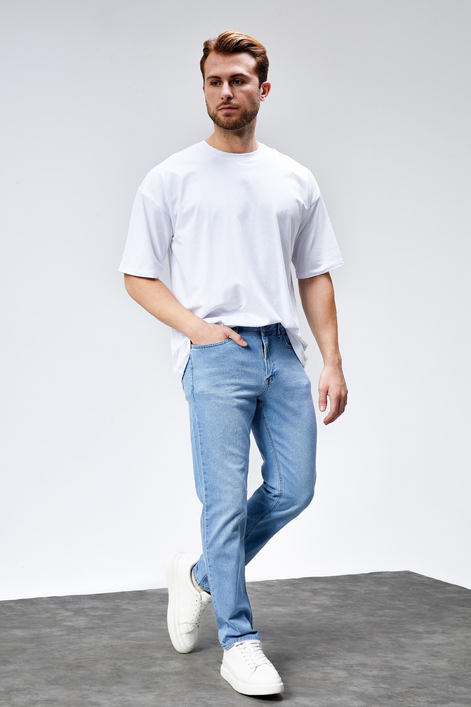 Erkek RİCARDO Buz Mavi Taşlamalı Slim Fit Likralı Jean Kot Pantolon