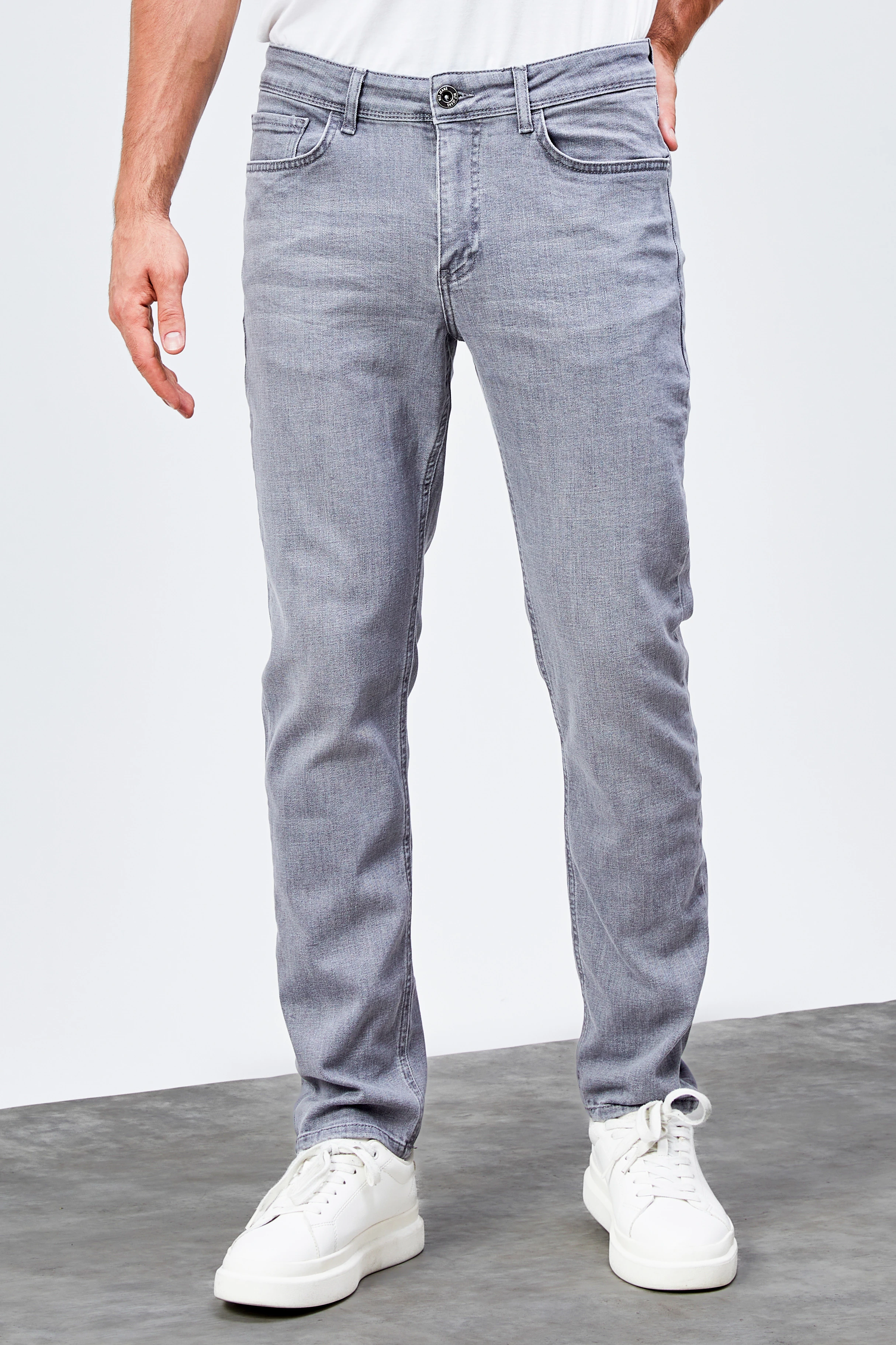 Erkek Gri Regular Jeans Likralı Esnek Kot Pantolon HLTHE001983