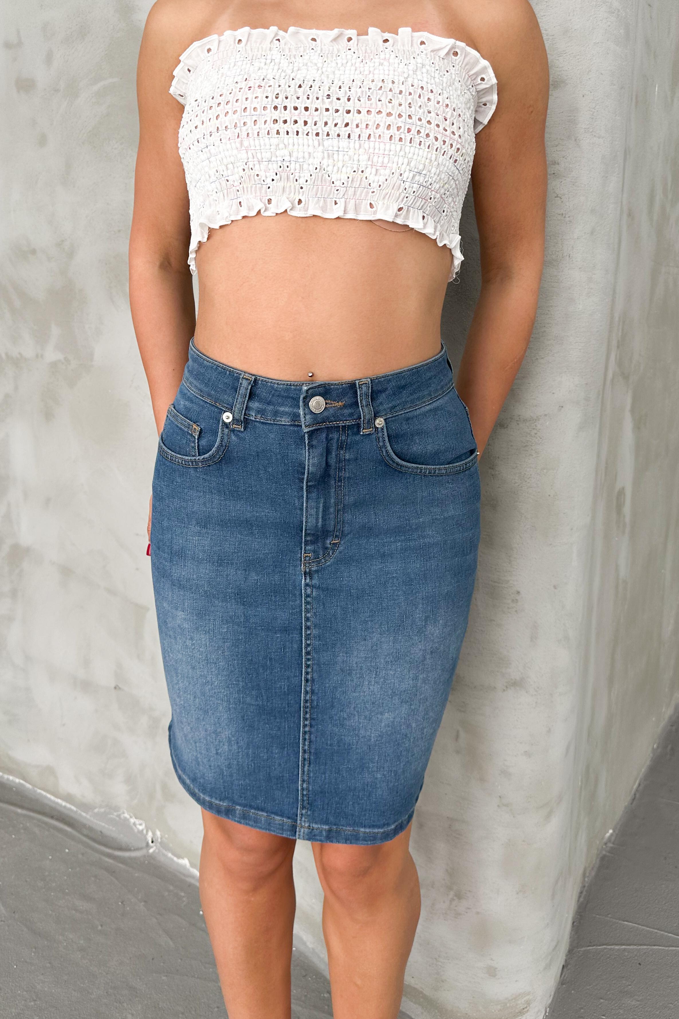 Açık Mavi Kadın Regular Fit Yüksek Bel Orta Boy Denim Kot Etek ALİCE-4003
