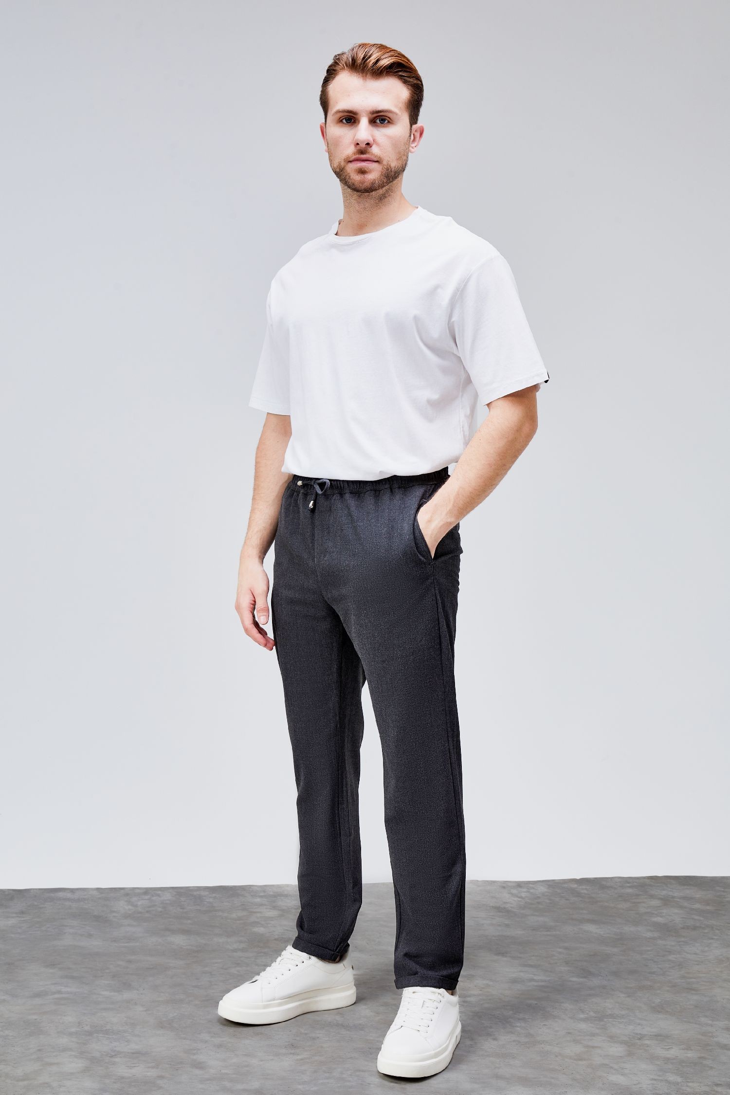 Erkek Antrasit Relaxed Fit Yandan Cepli Beli Lastikli Bağcıklı Duble Paça Jogger Pantolon BOLT-1995