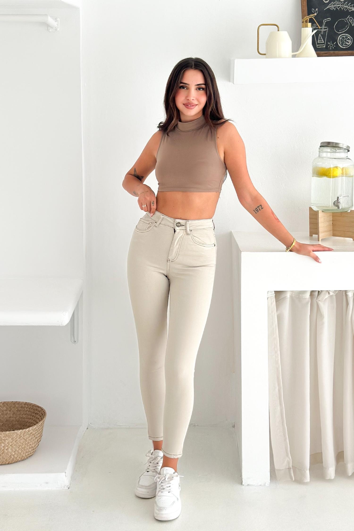 Kadın Taş Renk Süper Skinny Fit Koyu İplik Detaylı Esnek Likralı Yüksek Bel Jean Kot Pan JENNİE-2008