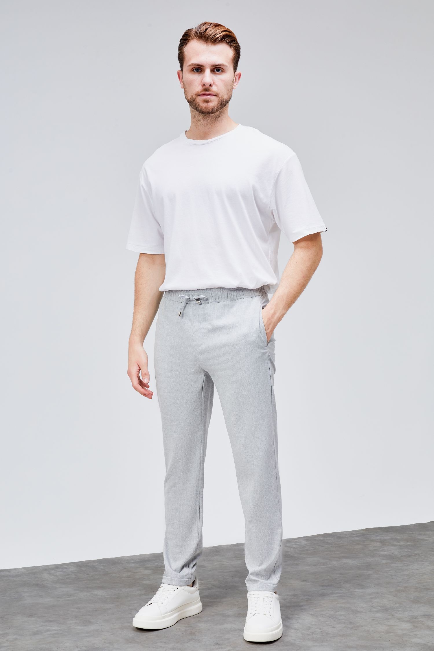 Erkek Gri Relaxed Fit Yandan Cepli Beli Lastikli Bağcıklı Duble Paça Jogger Pantolon BOLT-1998