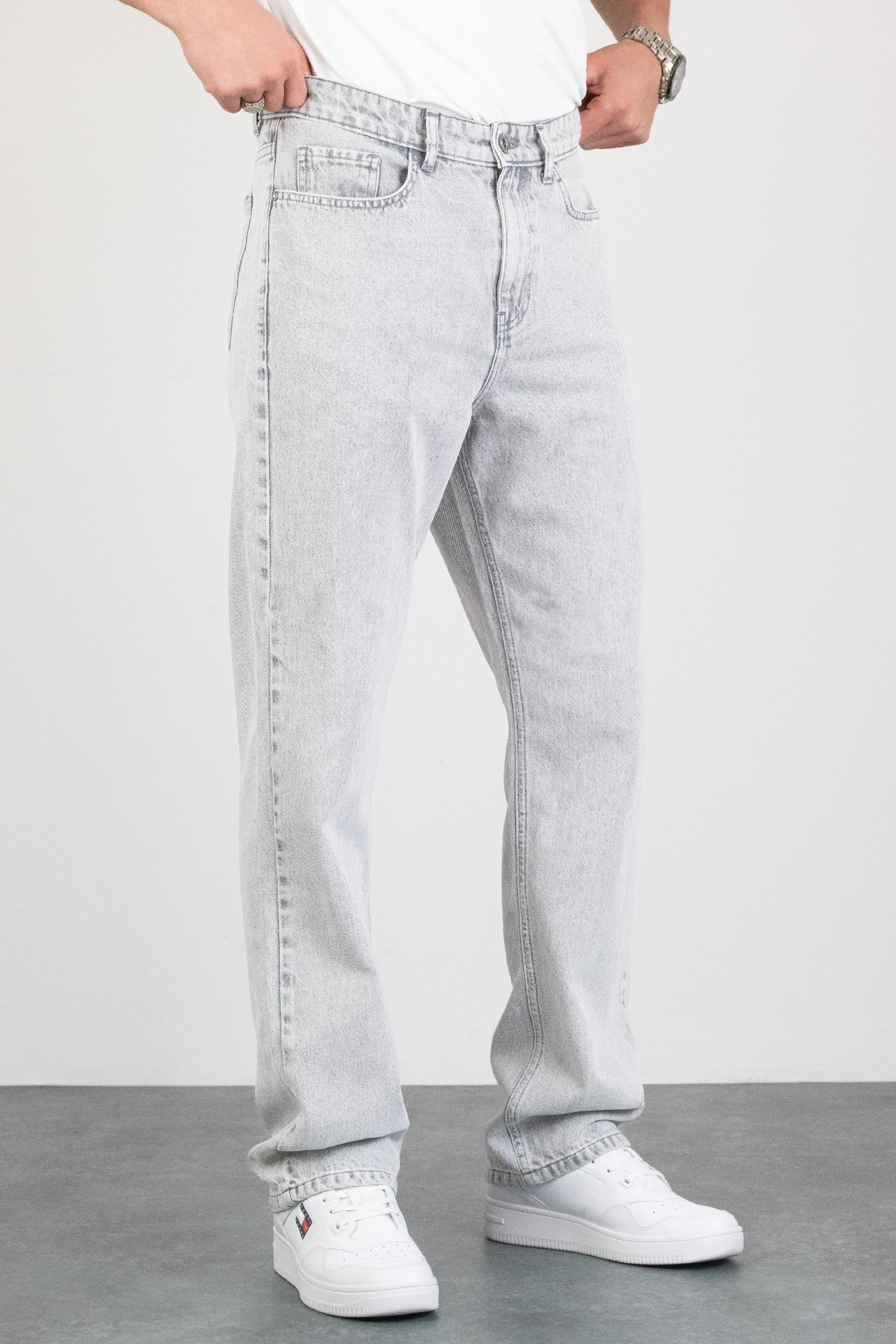 Erkek Açık Gri Straight Baggy Fit Likrasız Rahat Kesim %100 Pamuk Loose Jean Pantolon OLİVER