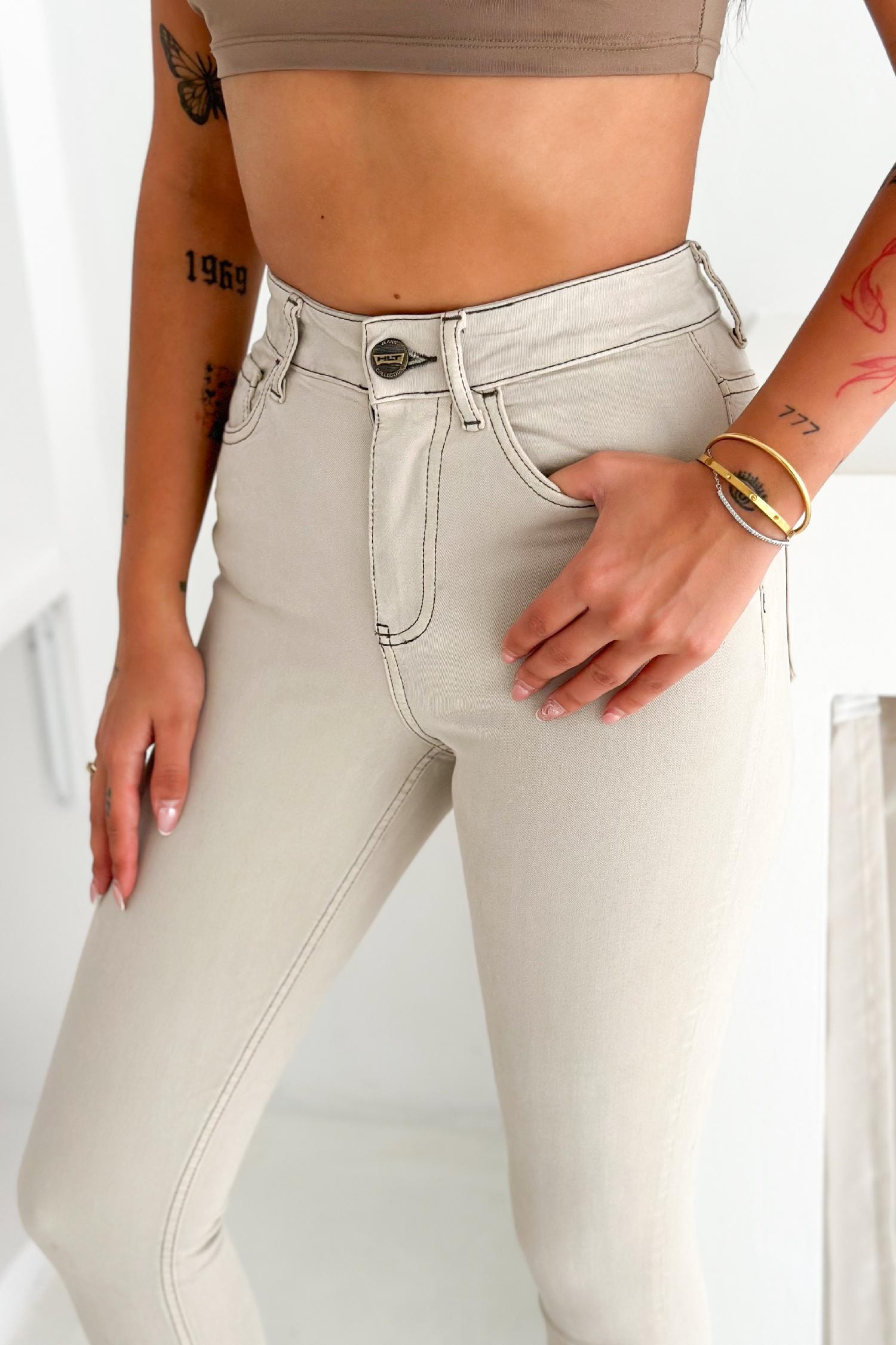 Kadın Taş Renk Süper Skinny Fit Koyu İplik Detaylı Esnek Likralı Yüksek Bel Jean Kot Pan JENNİE-2008