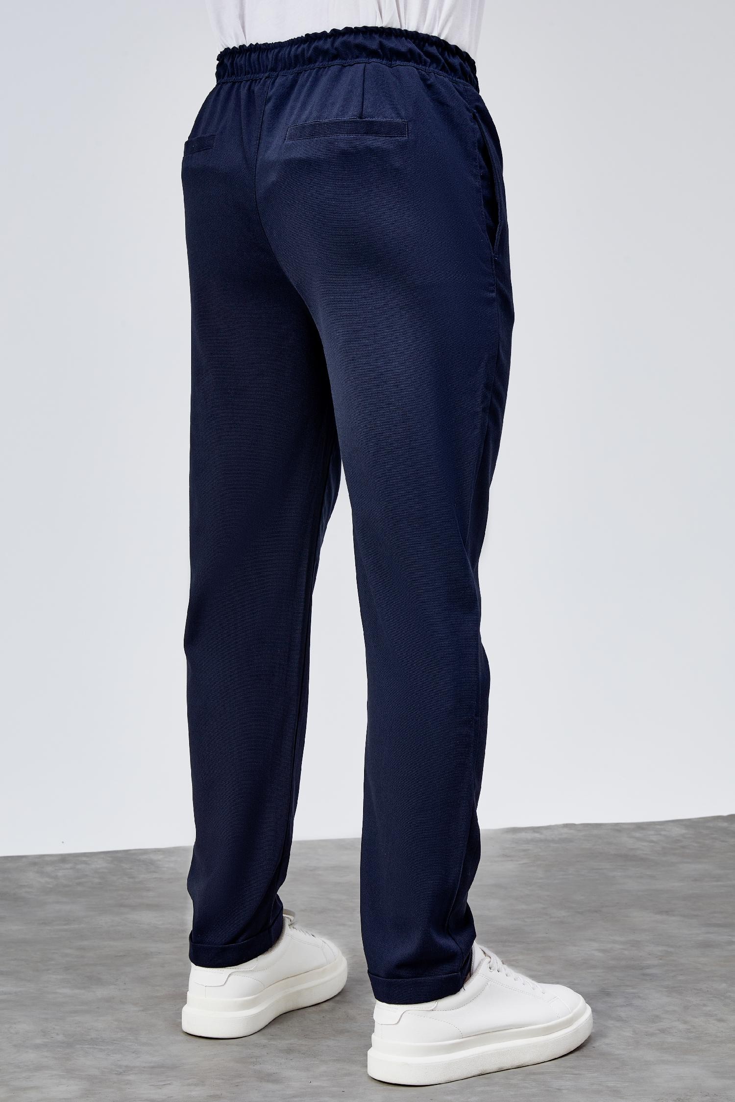 Erkek Lacivert Relaxed Fit Yandan Cepli Beli Lastikli Bağcıklı Duble Paça Jogger Pantolon BOLT-1997