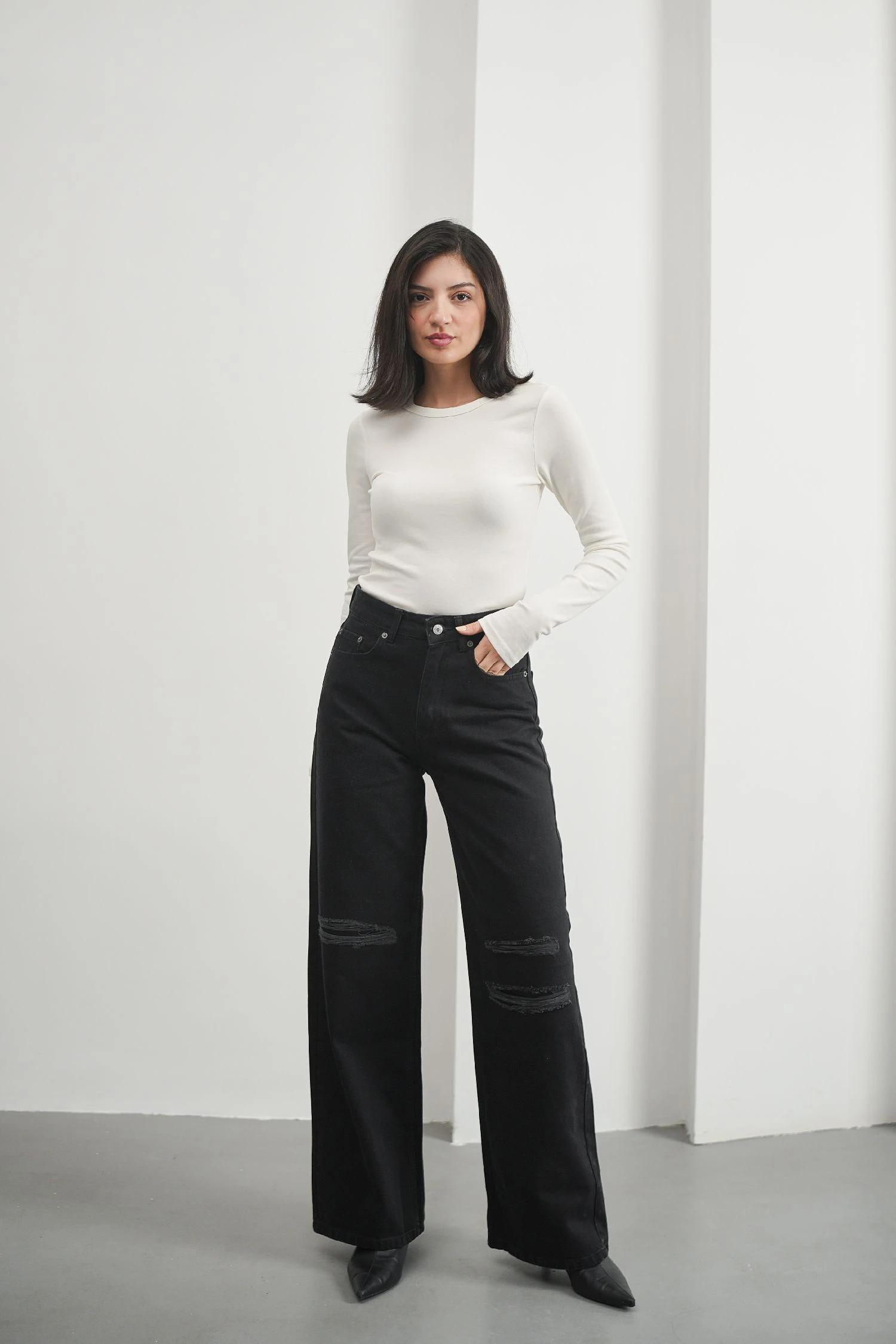 Siyah Kadın Yırtıklı Wide Leg Jean Yüksek Bel Palazzo Likrasız Pamuklu Kot Pantolon JESSİCA-2038