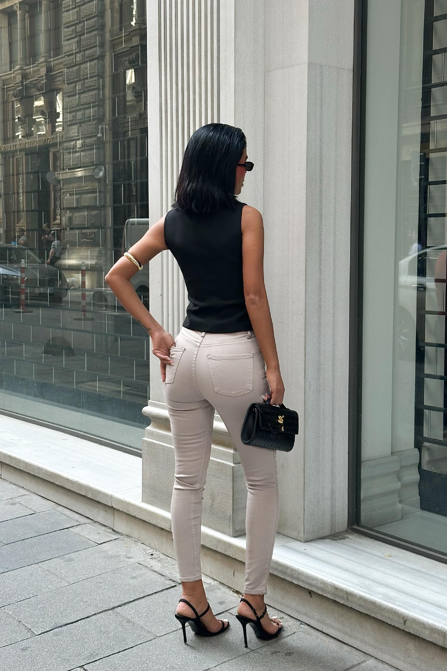 Kadın Krem Süper Skinny Fit Esnek Likralı Yüksek Bel Denim Jean Kot Pantolon JENNİE-2003