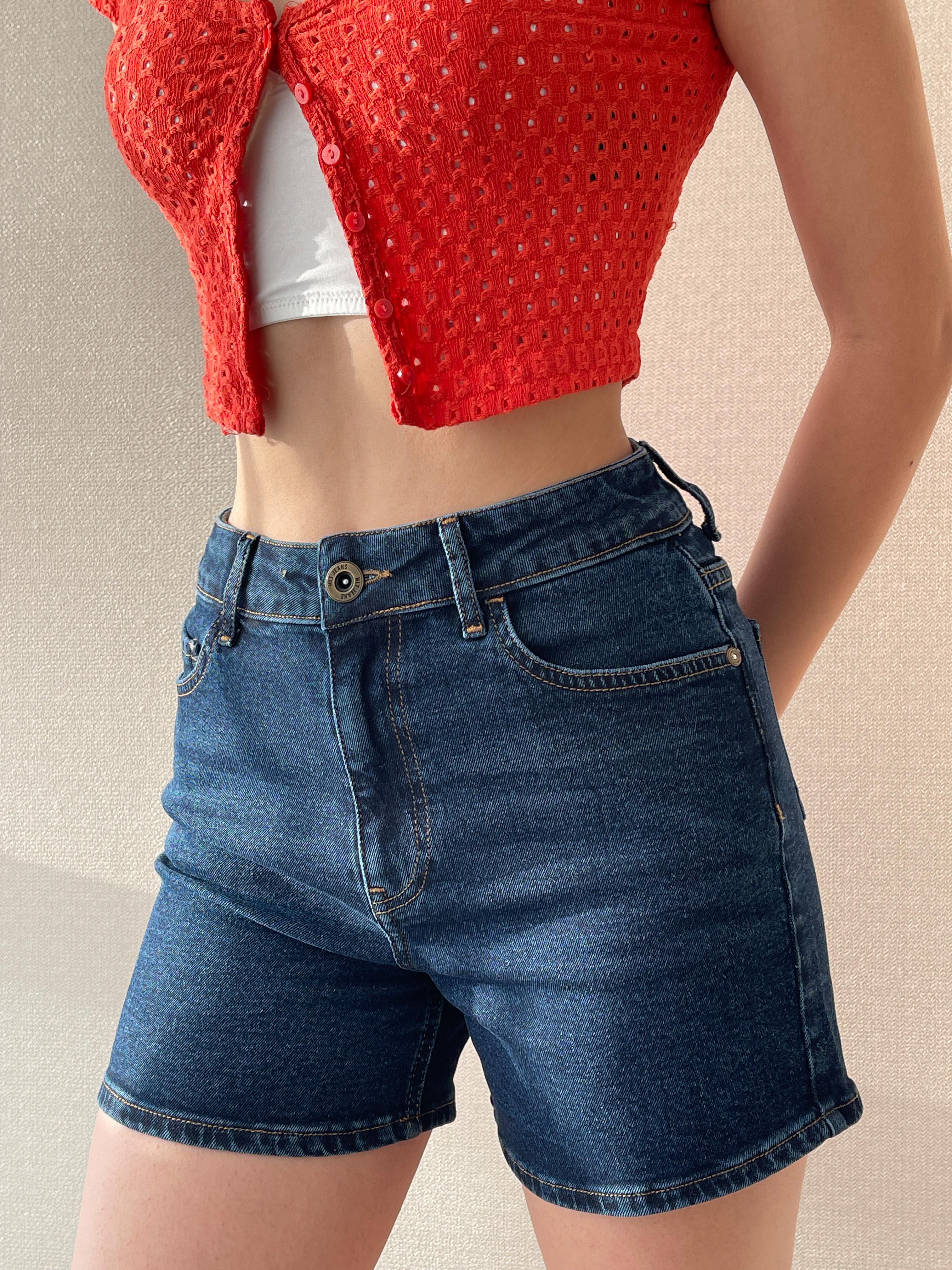 Koyu Mavi Kadın Lily Likralı Mom Fit Yüksek Bel Esnek 90's Denim Şort LİLY-KYMAVİ