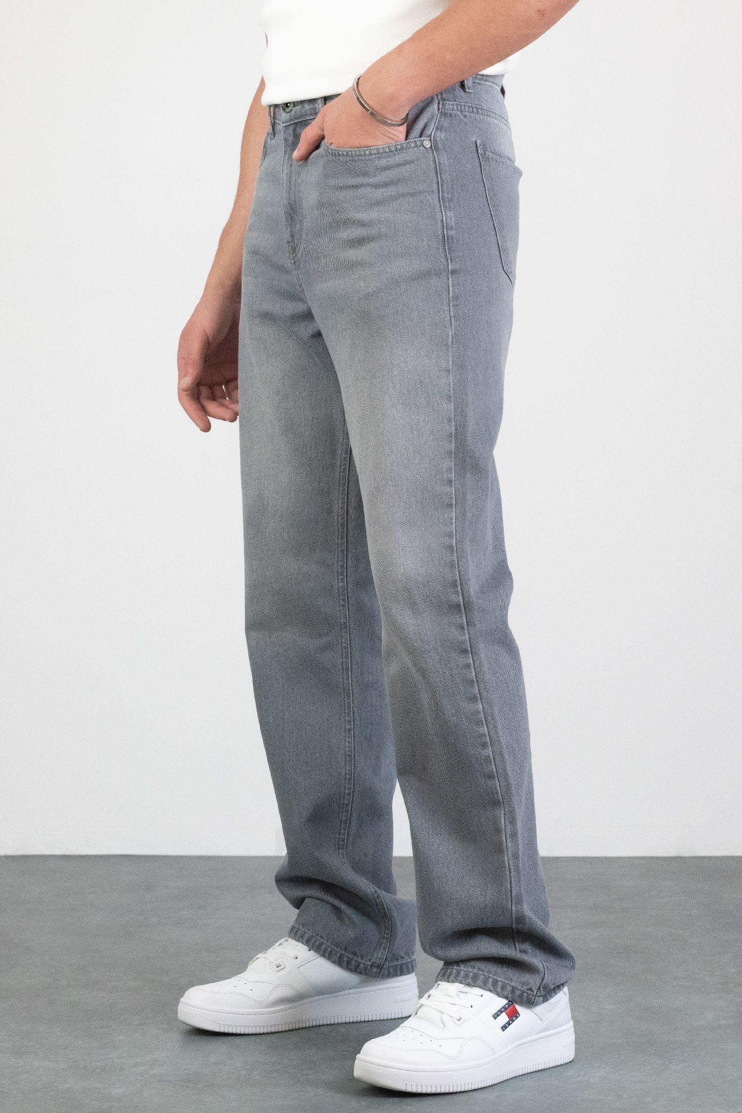 Erkek Gri Straight Baggy Fit Likrasız Rahat Kesim %100 Pamuk Loose Jean Pantolon HECTOR