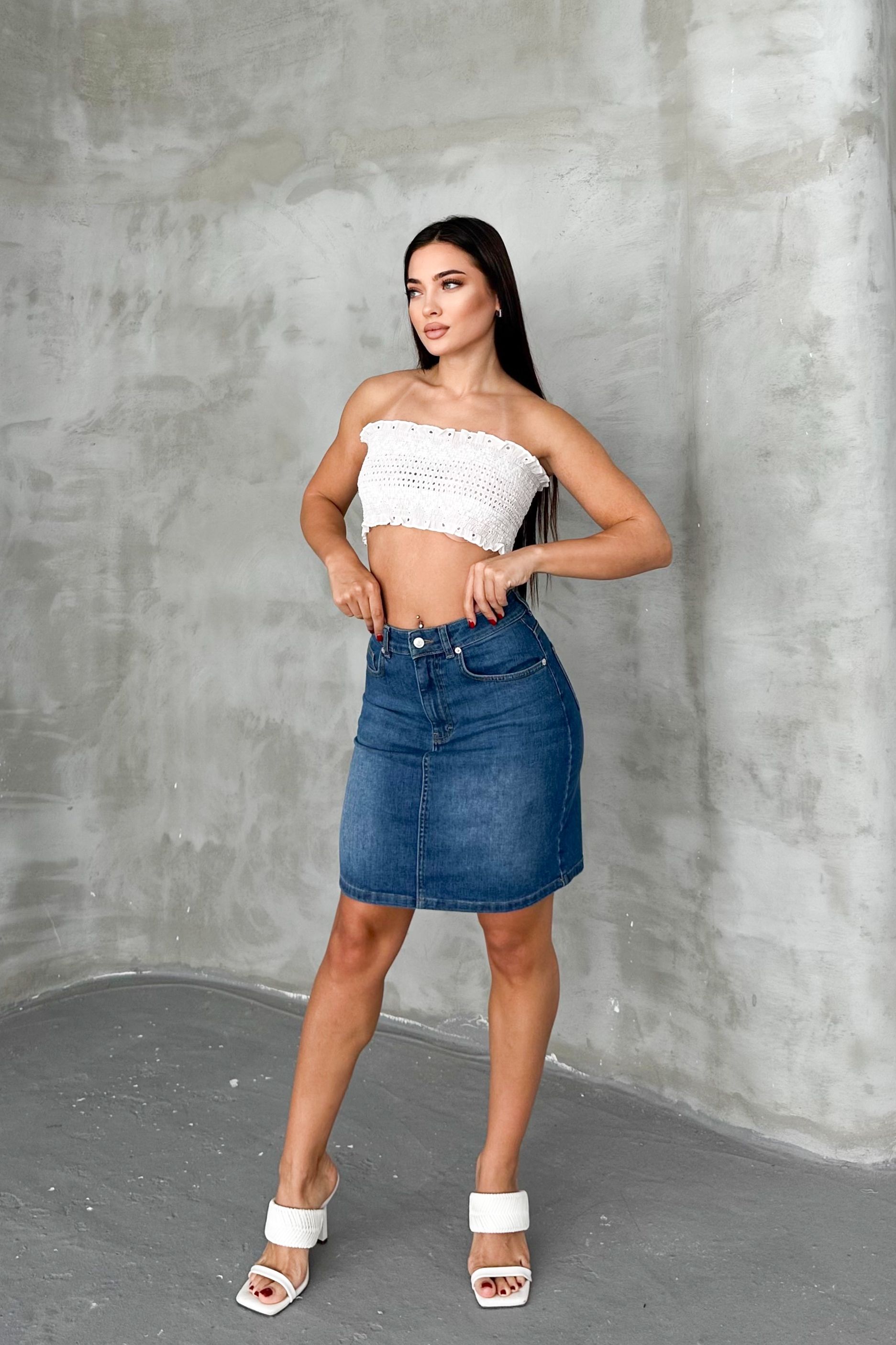 Açık Mavi Kadın Regular Fit Yüksek Bel Orta Boy Denim Kot Etek ALİCE-4003