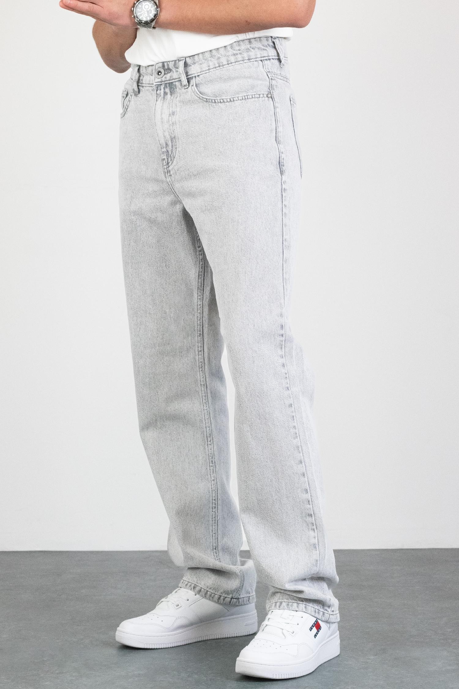 Erkek Açık Gri Straight Baggy Fit Likrasız Rahat Kesim %100 Pamuk Loose Jean Pantolon OLİVER