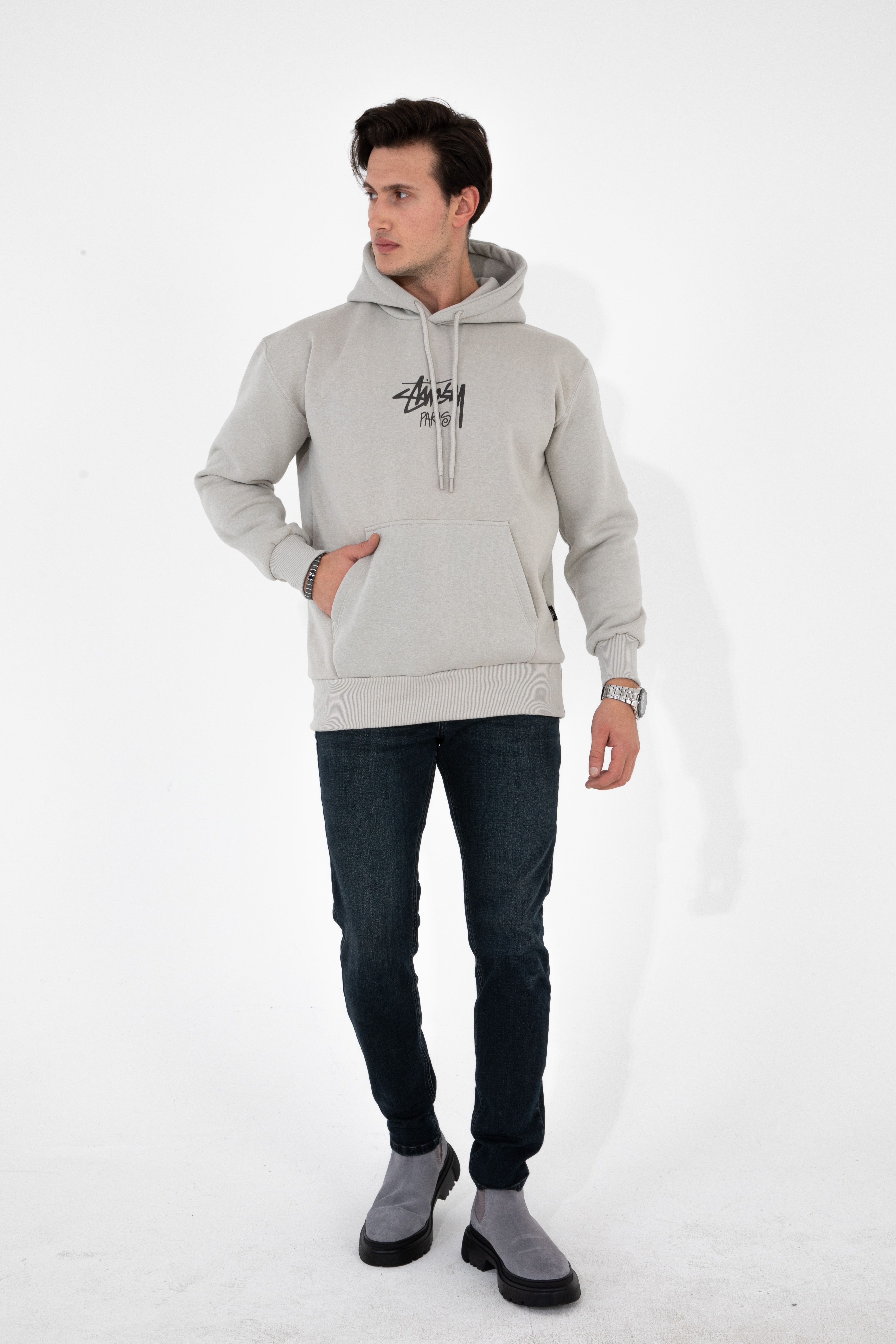 Baskılı Hoodie - Gri