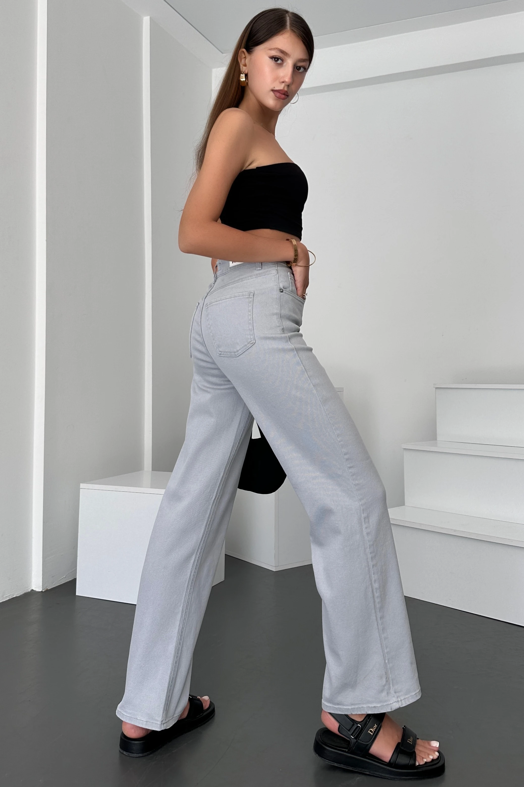 Gümüş Gri Kadın Wide Leg Jean Yüksek Bel Palazzo Likralı Esnek Kot Pantolon JESSİCA-2042