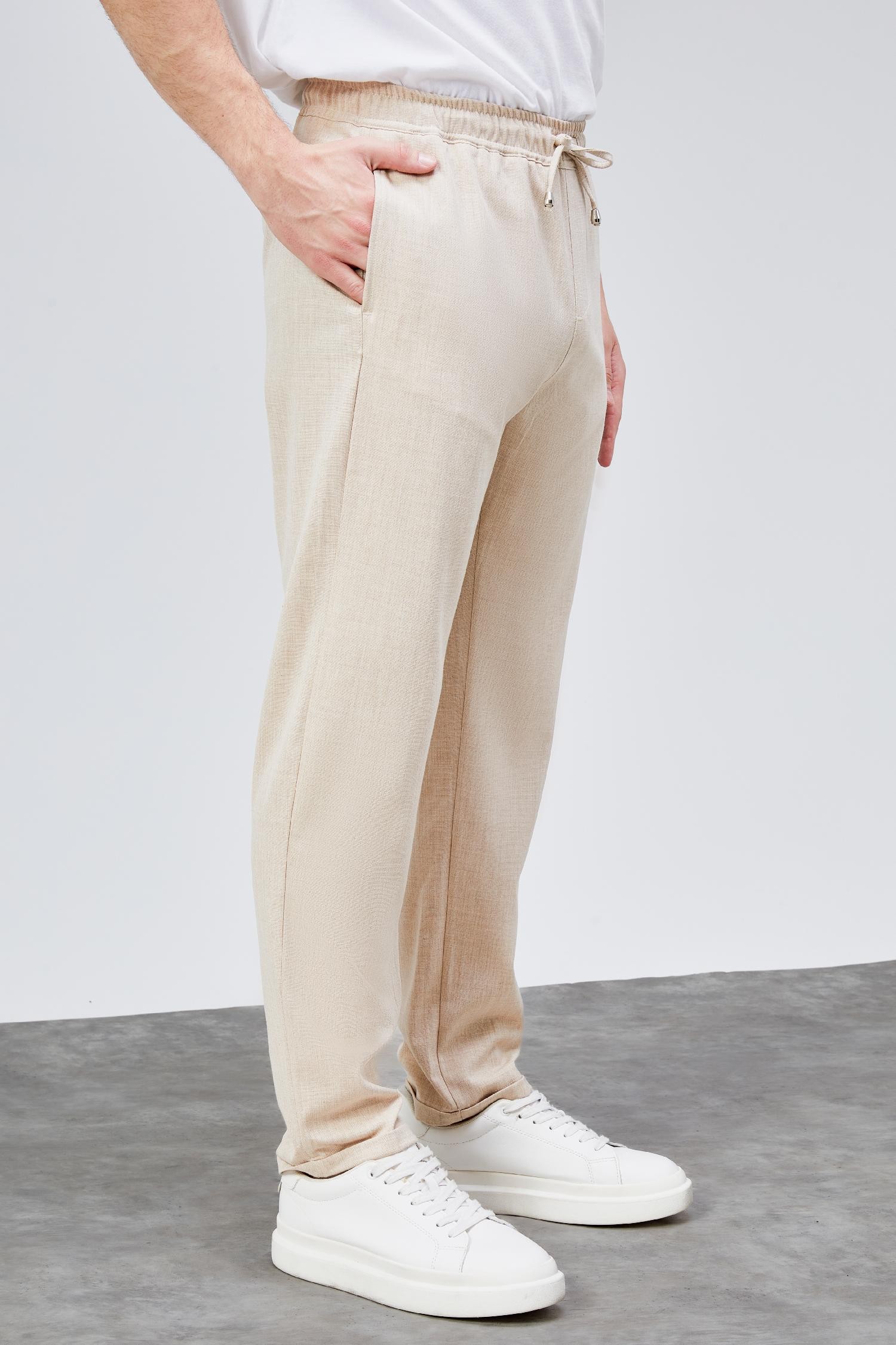 Erkek Bej Relaxed Fit Yandan Cepli Beli Lastikli Bağcıklı Duble Paça Jogger Pantolon BOLT-1999