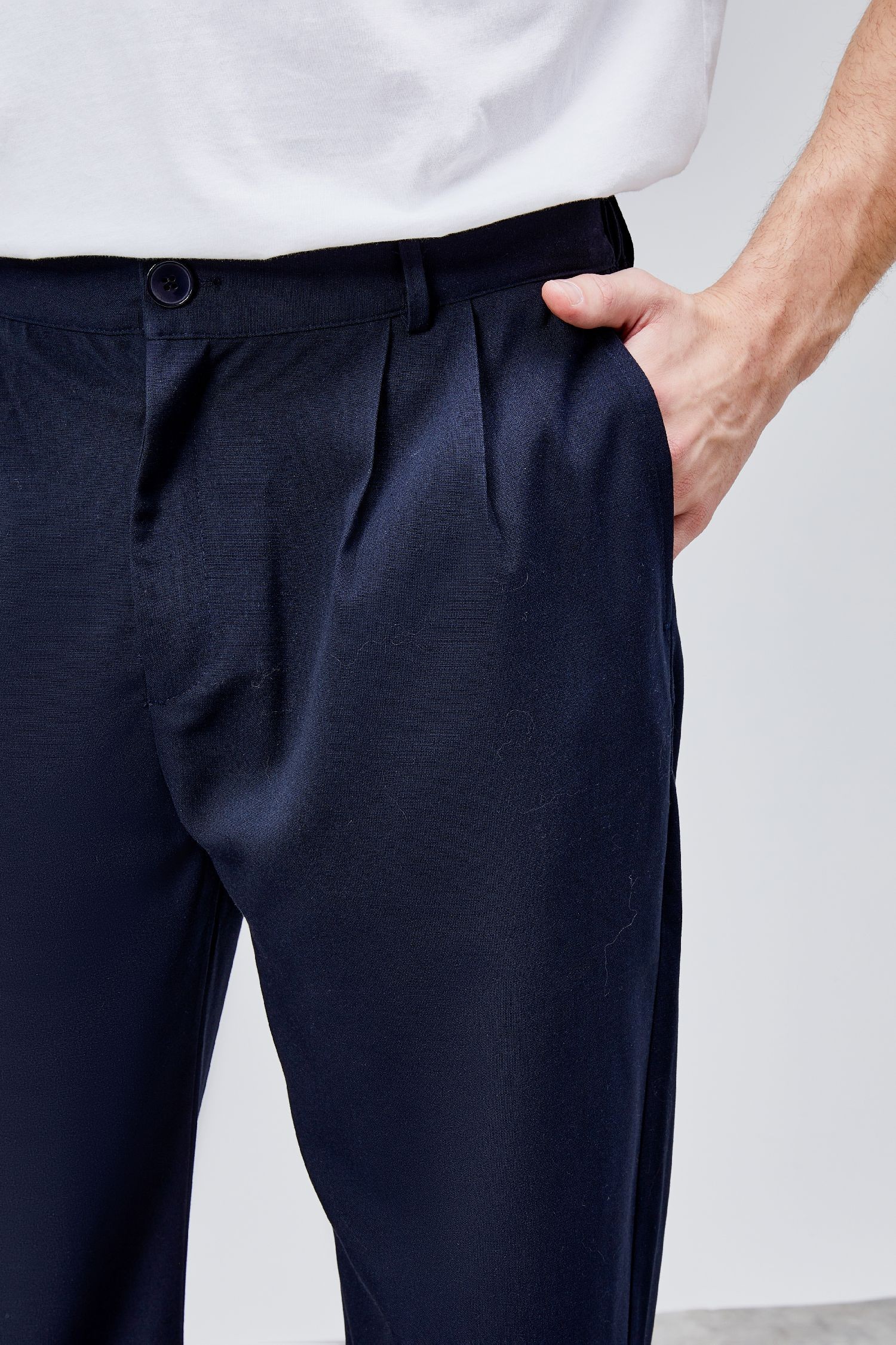 Erkek Lacivert Çift Pileli Rahat Kesim Beli Lastikli Bol Paça Baggy Pantolon ALBERT-1989