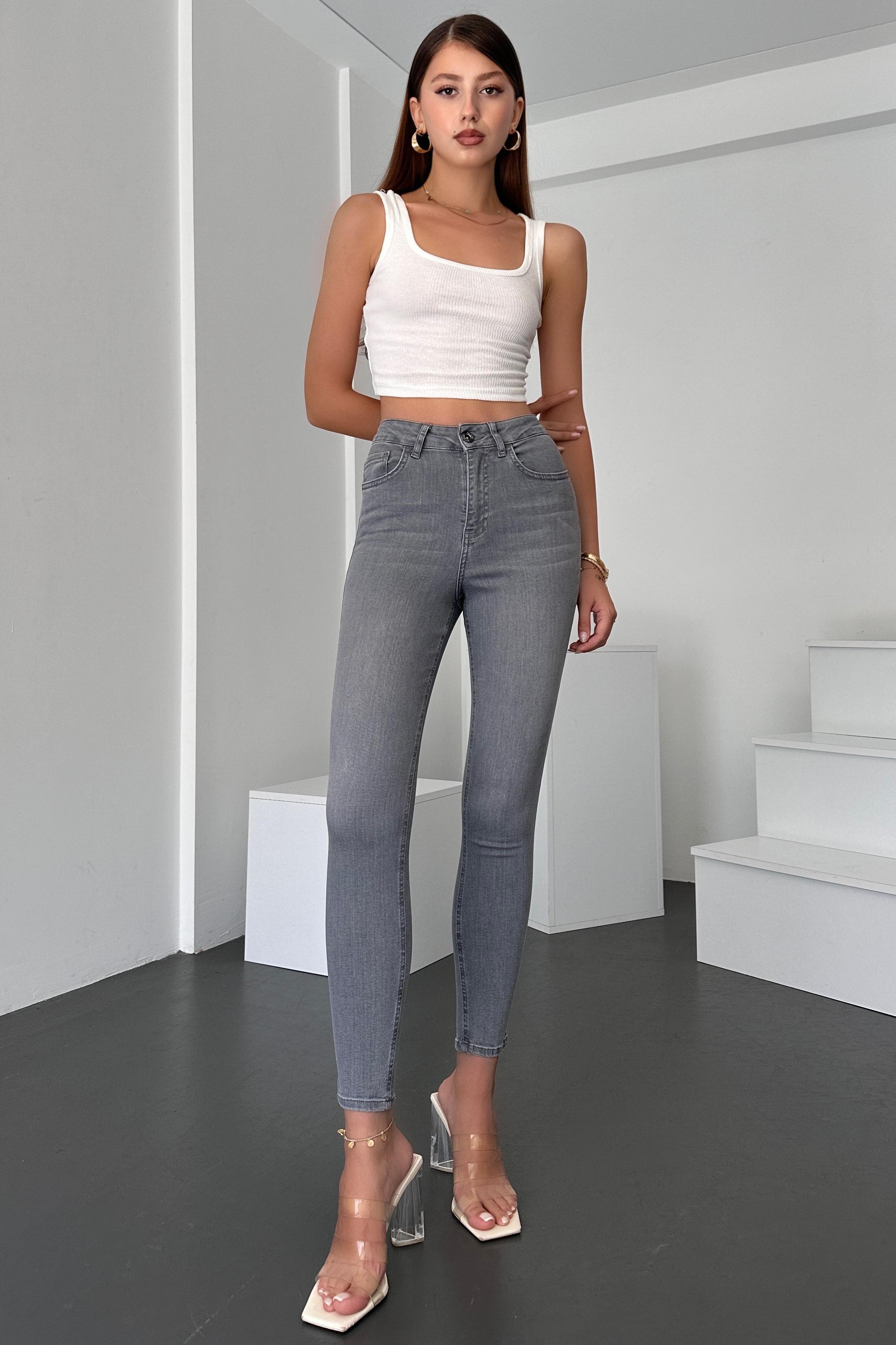 Kadın Gri Skinny Fit Jean Yüksek Bel Likralı Esnek Kot Pantolon JENNİE-GRİ