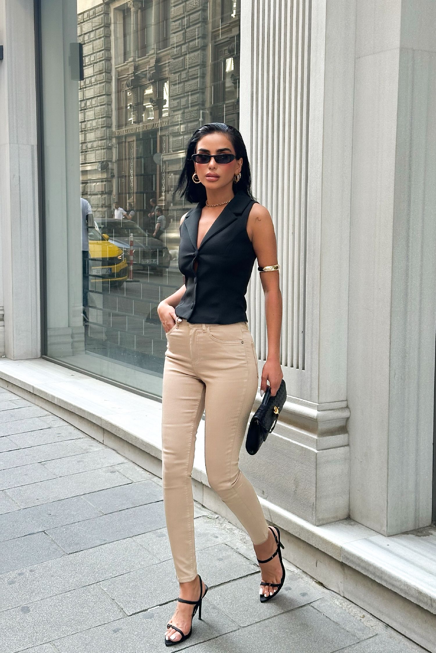 Kadın Bej Süper Skinny Fit Esnek Likralı Yüksek Bel Jean Kot Pantolon JENNİE-2005