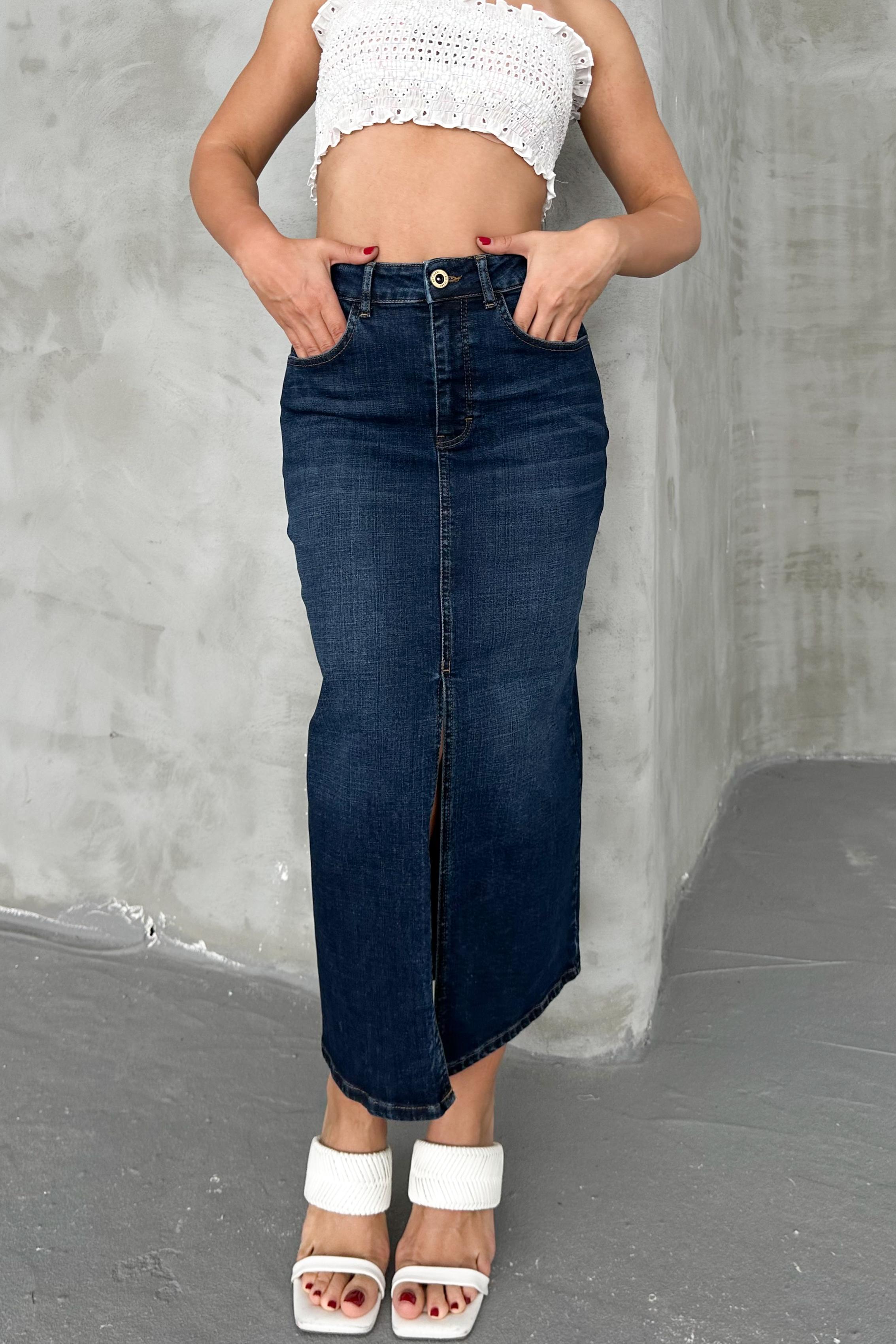 Koyu Mavi Kadın Regular Fit Yüksek Bel Uzun Maxi Boy Denim Kot Etek MERRY-4095