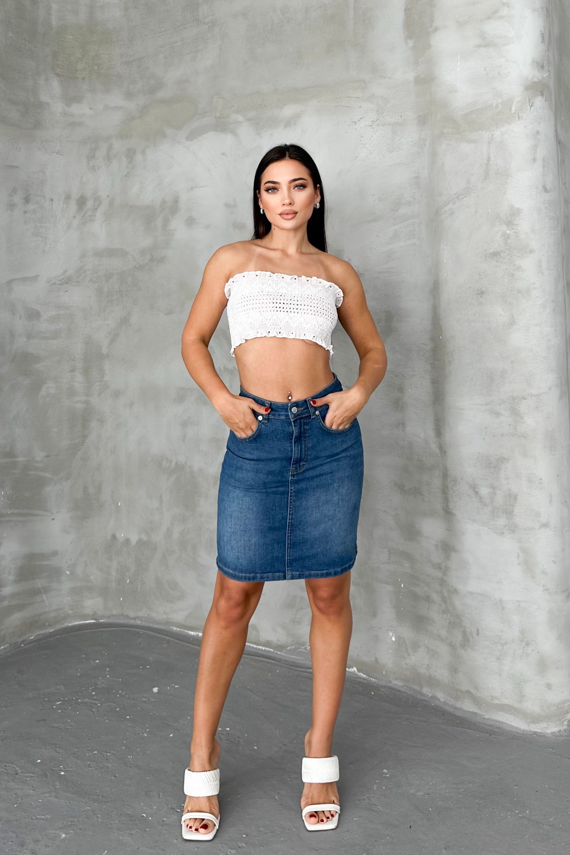 Açık Mavi Kadın Regular Fit Yüksek Bel Orta Boy Denim Kot Etek ALİCE-4003