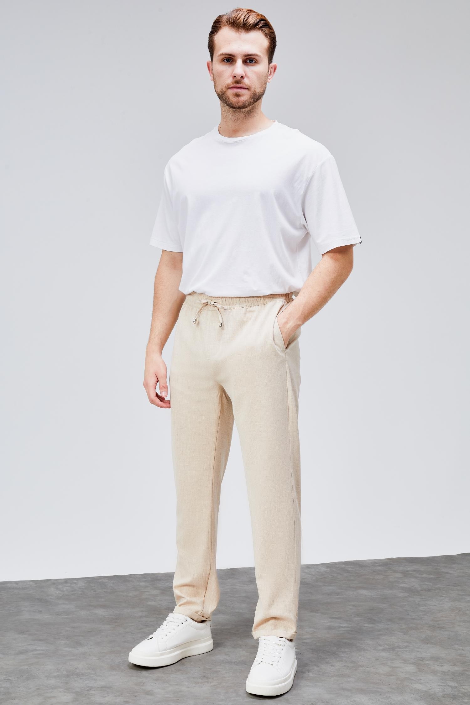 Erkek Bej Relaxed Fit Yandan Cepli Beli Lastikli Bağcıklı Duble Paça Jogger Pantolon BOLT-1999