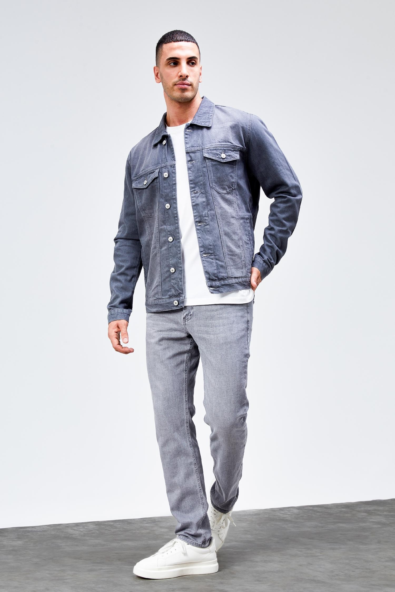 Erkek Gri Jean Denim Standart Kalıp %100 Pamuk Cepli Düğmeli Kot Ceket HLTHE042153