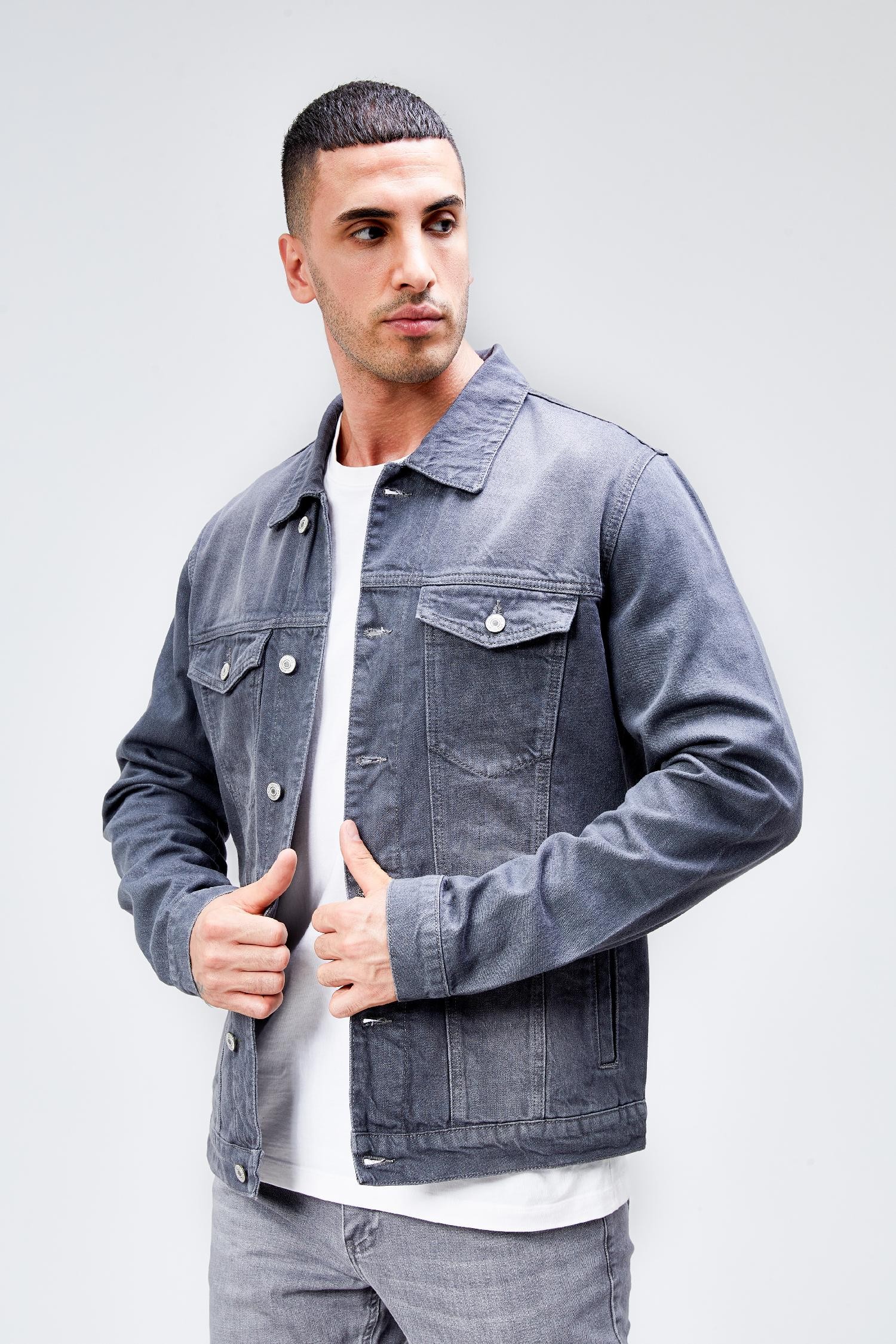 Erkek Gri Jean Denim Standart Kalıp %100 Pamuk Cepli Düğmeli Kot Ceket HLTHE042153