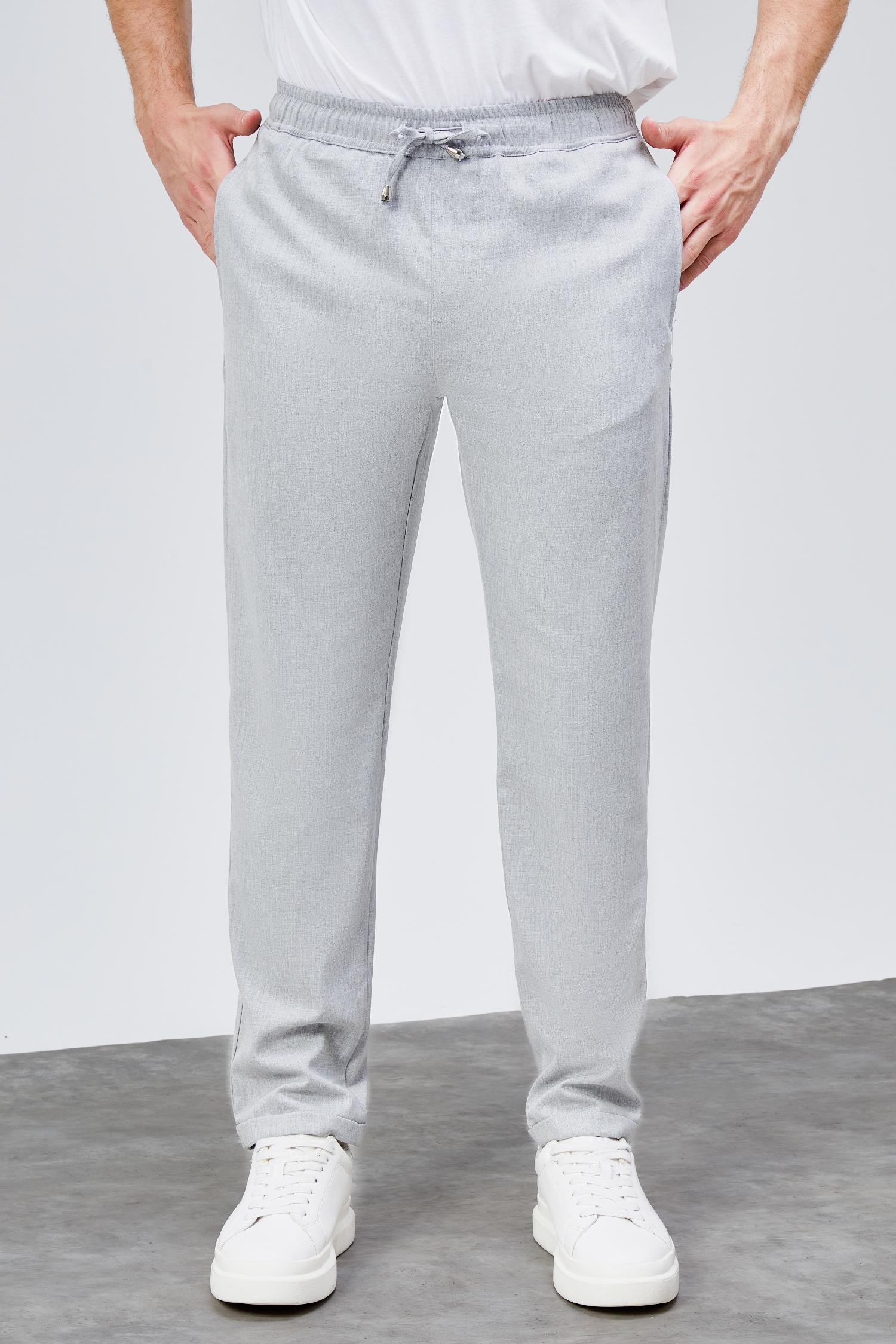 Erkek Gri Relaxed Fit Yandan Cepli Beli Lastikli Bağcıklı Duble Paça Jogger Pantolon BOLT-1998