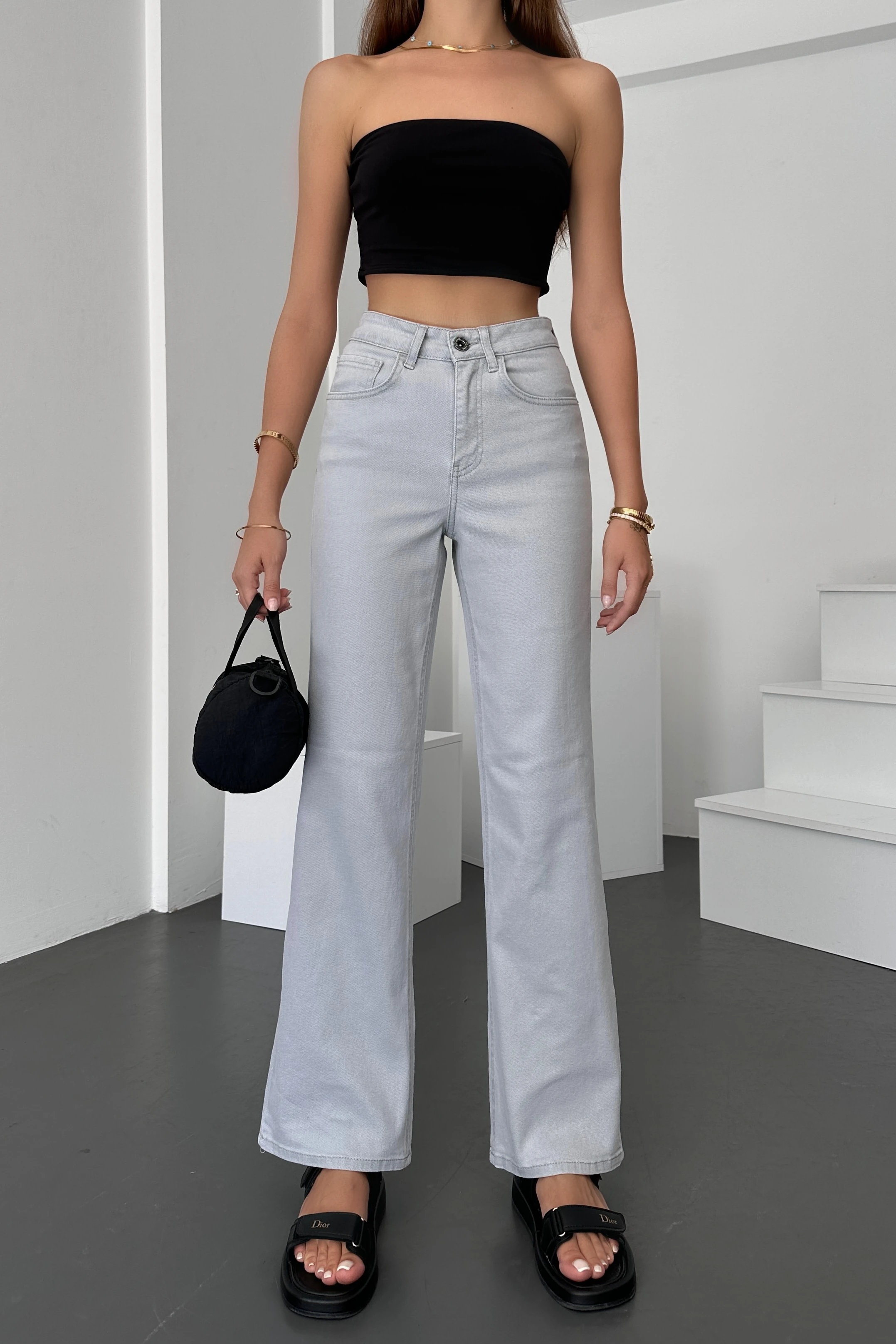 Gümüş Gri Kadın Wide Leg Jean Yüksek Bel Palazzo Likralı Esnek Kot Pantolon JESSİCA-2042