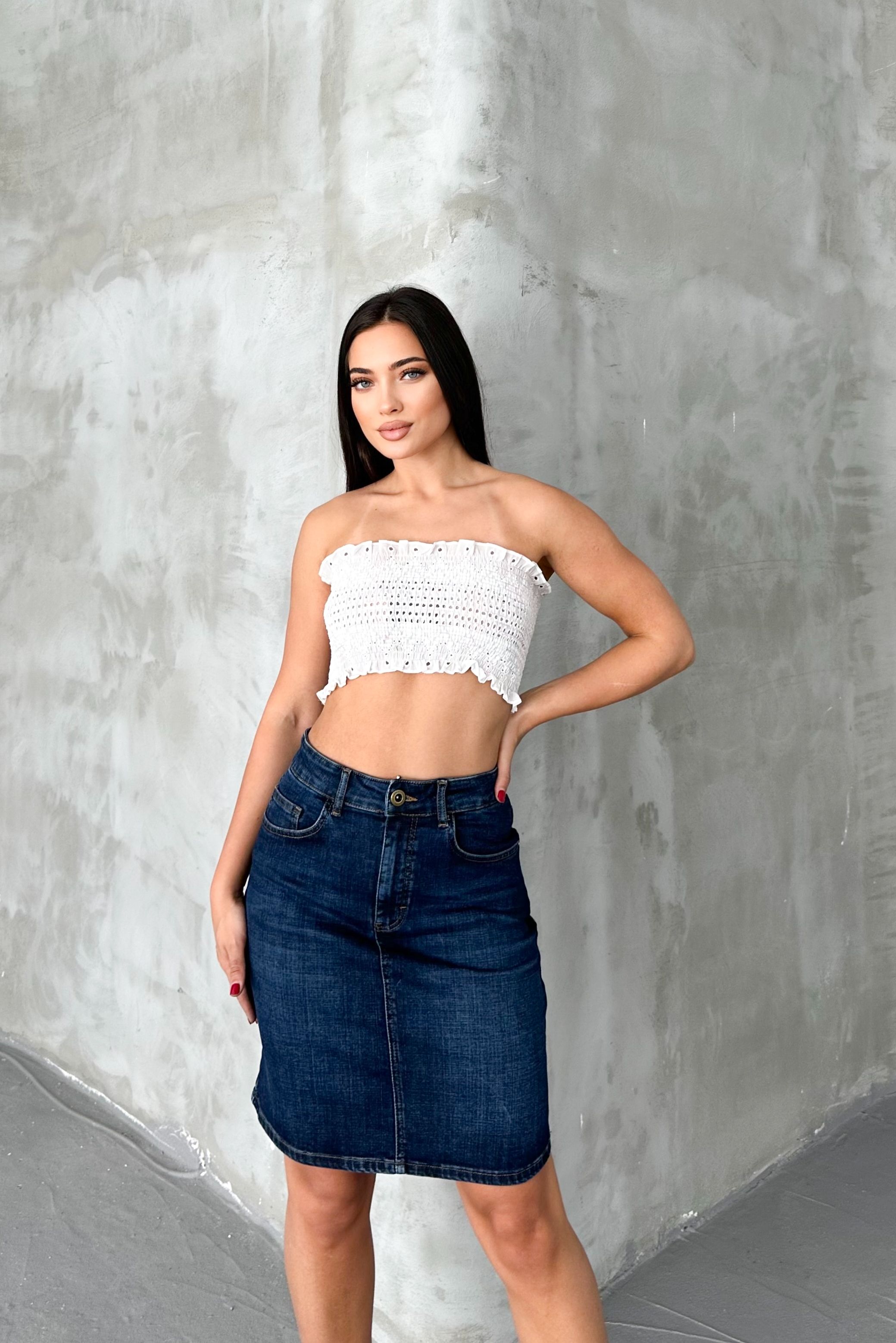 Koyu Mavi Kadın Regular Fit Yüksek Bel Orta Boy Denim Kot Etek ALİCE-4006