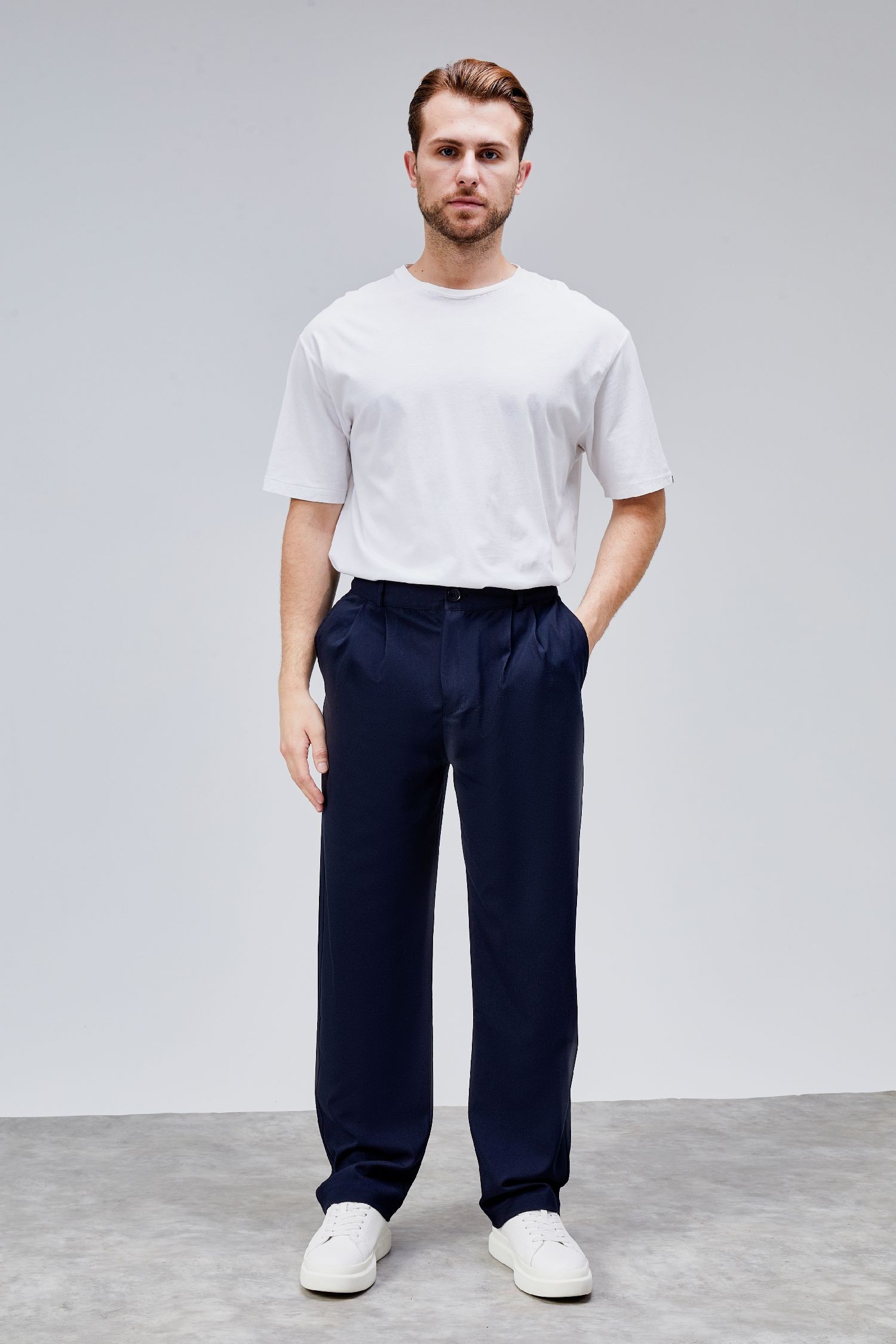 Erkek Lacivert Çift Pileli Rahat Kesim Beli Lastikli Bol Paça Baggy Pantolon ALBERT-1989
