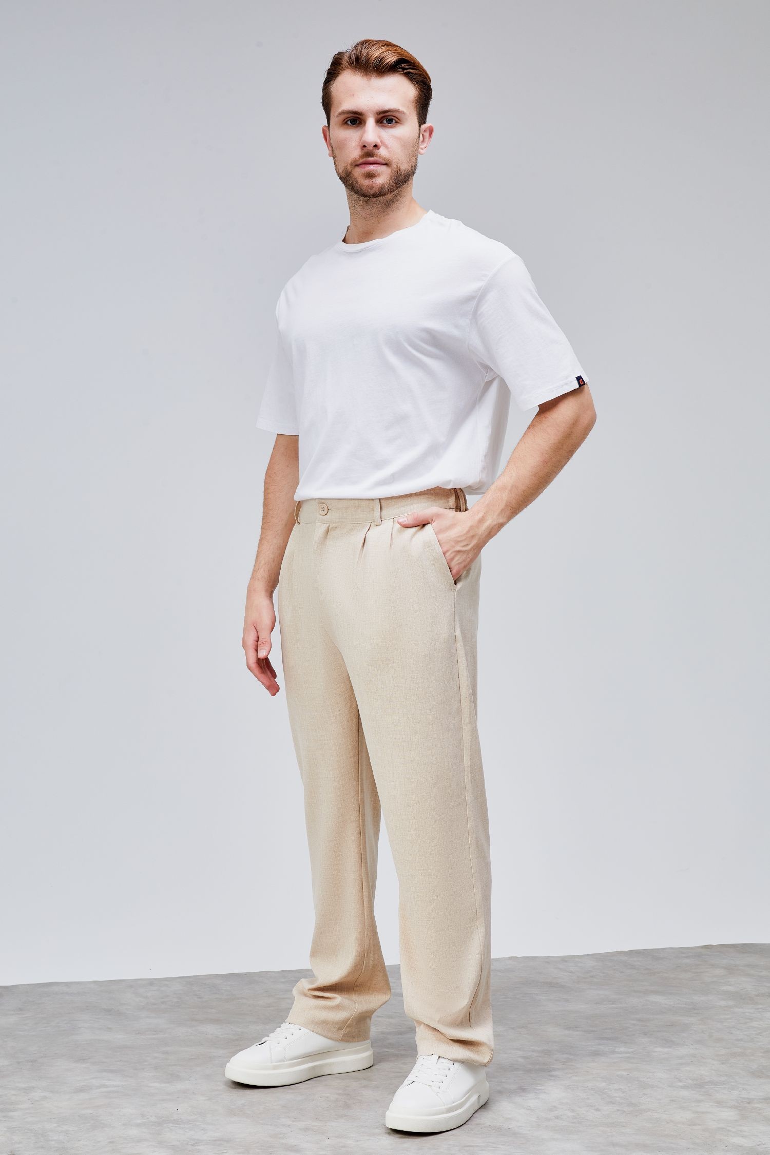 Erkek Bej Çift Pileli Rahat Kesim Beli Lastikli Bol Paça Baggy Pantolon ALBERT-1991
