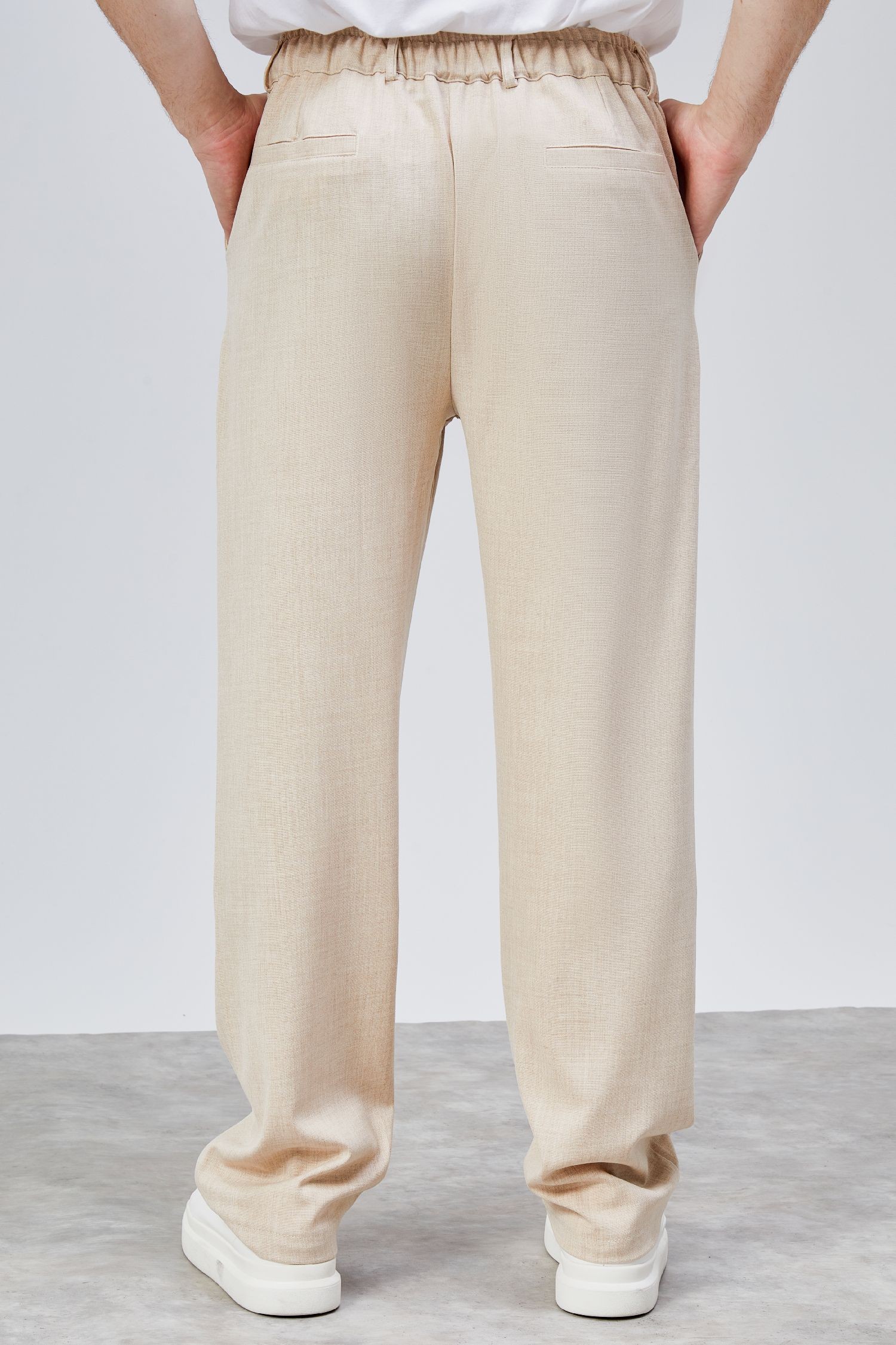 Erkek Bej Çift Pileli Rahat Kesim Beli Lastikli Bol Paça Baggy Pantolon ALBERT-1991