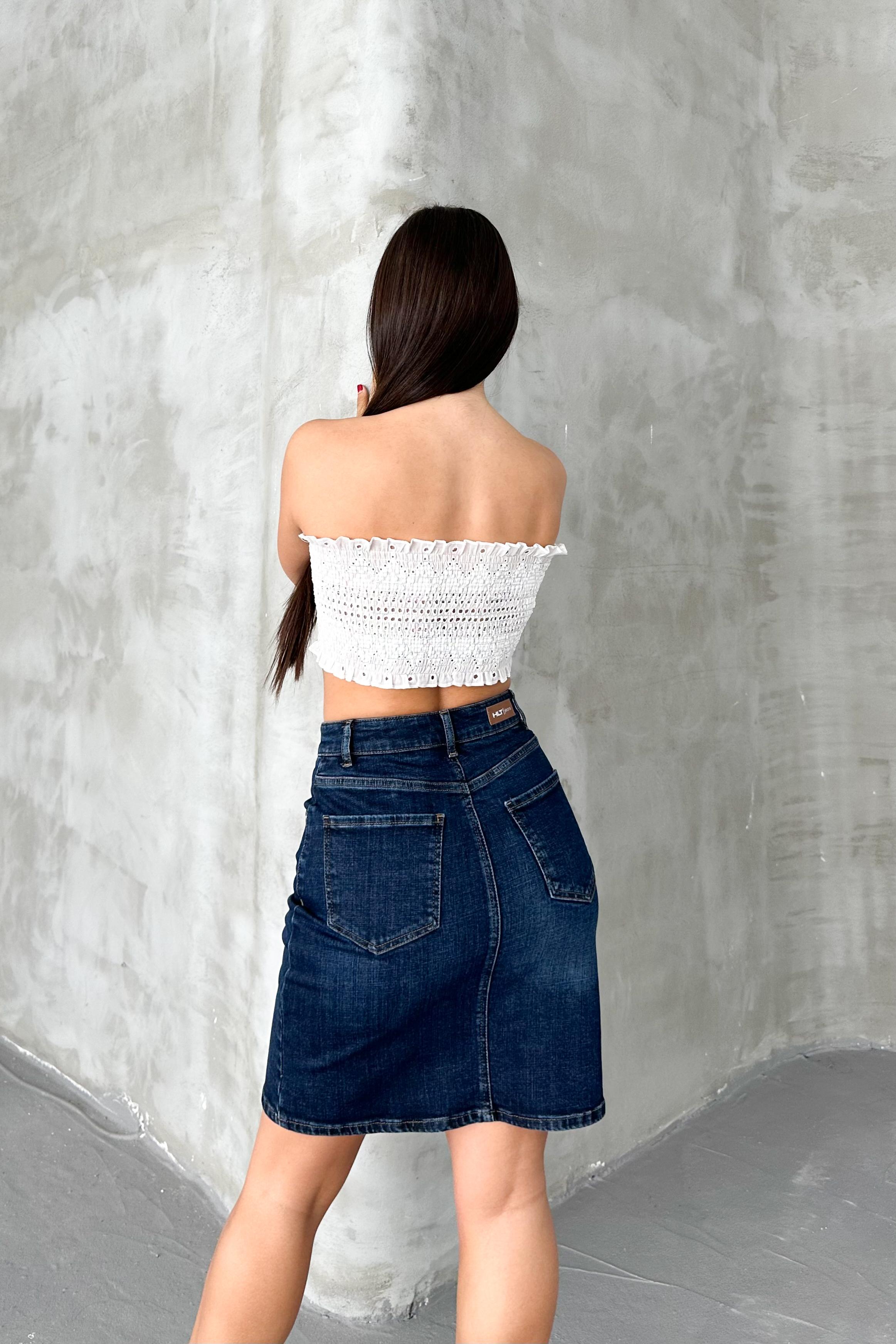 Koyu Mavi Kadın Regular Fit Yüksek Bel Orta Boy Denim Kot Etek ALİCE-4006