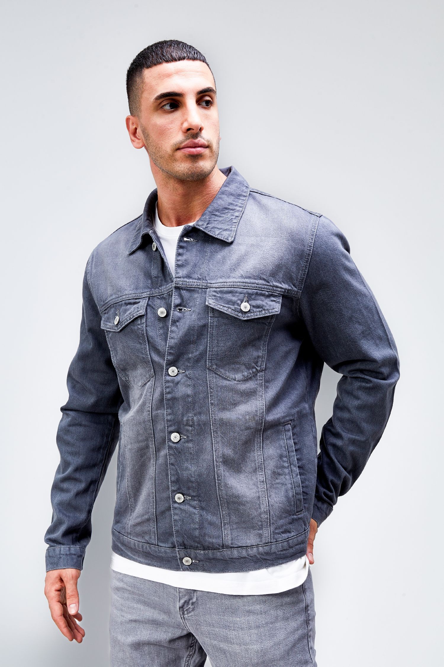 Erkek Gri Jean Denim Standart Kalıp %100 Pamuk Cepli Düğmeli Kot Ceket HLTHE042153