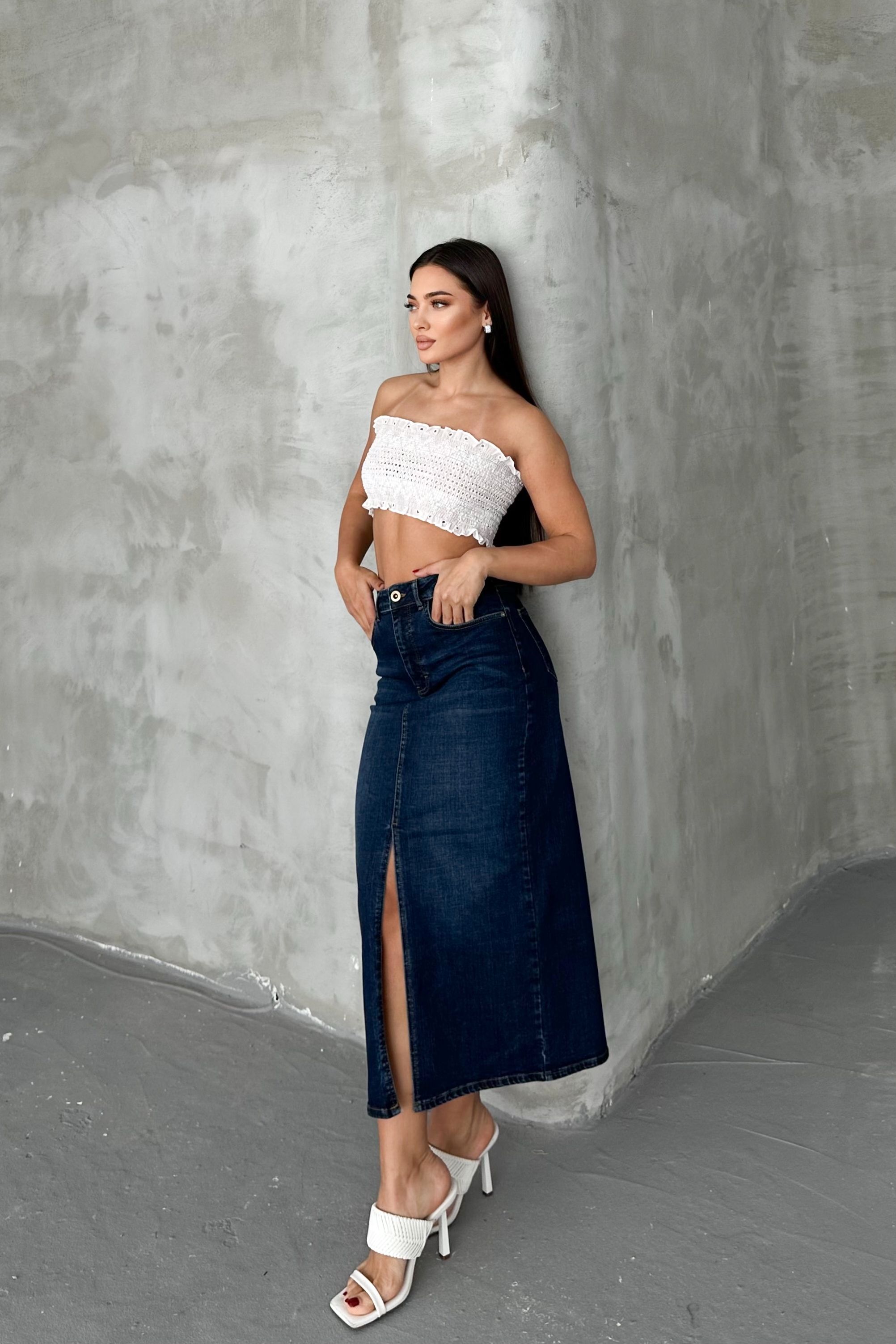 Koyu Mavi Kadın Regular Fit Yüksek Bel Uzun Maxi Boy Denim Kot Etek MERRY-4095