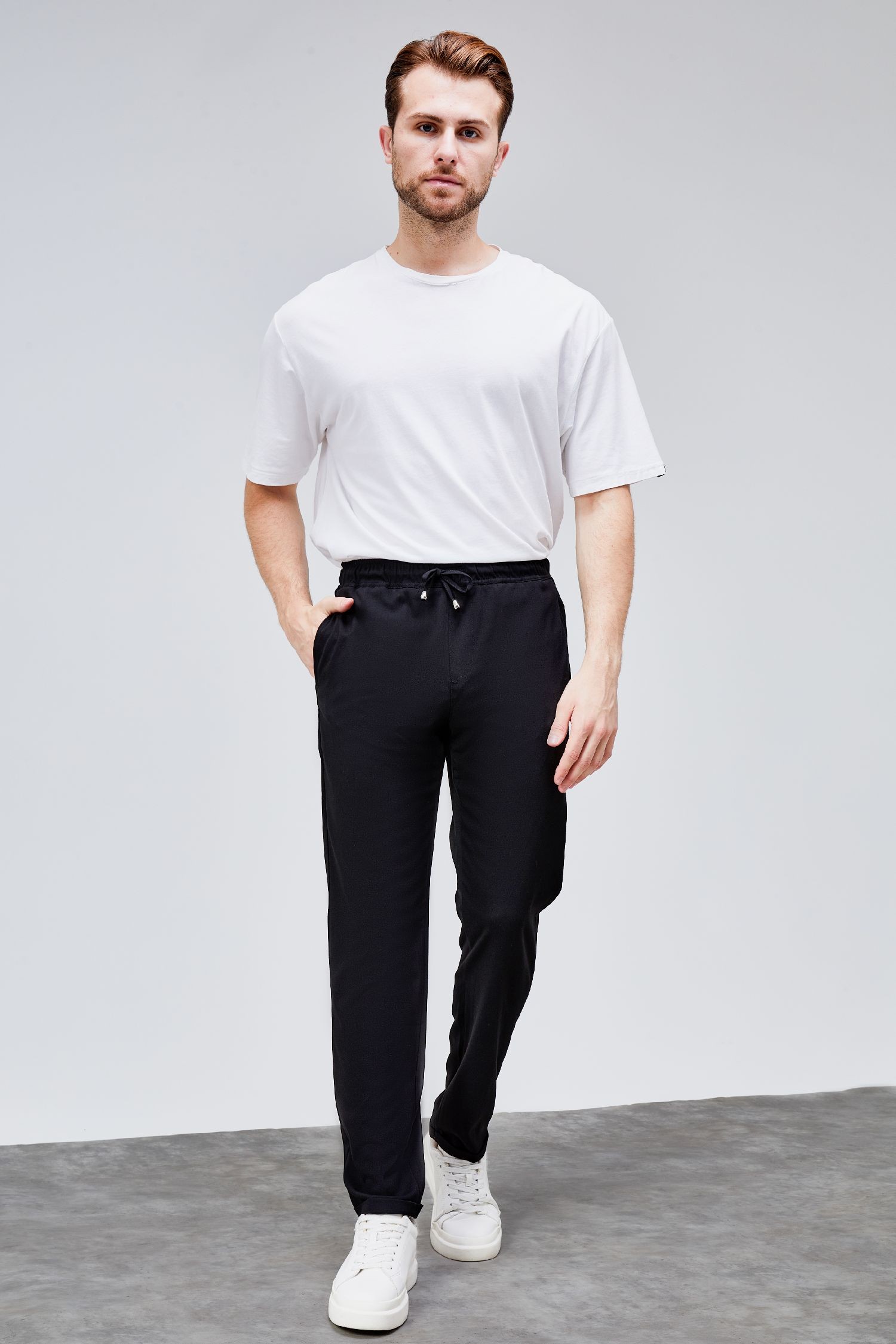 Erkek Siyah Relaxed Fit Yandan Cepli Beli Lastikli Bağcıklı Duble Paça Jogger Pantolon BOLT-1996