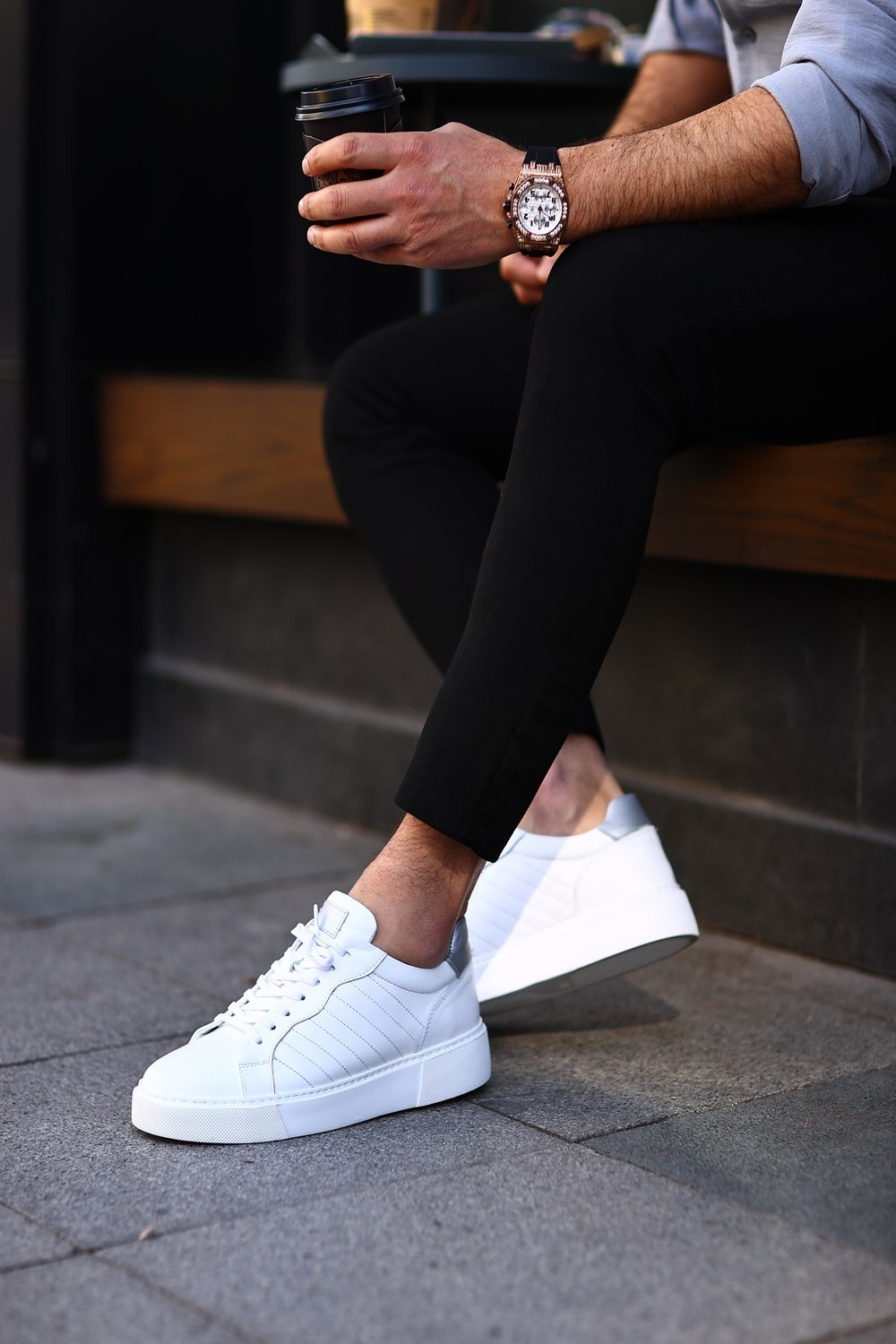 Beyaz Deri Günlük Sneakers Ayakkabı - Beyaz Antik