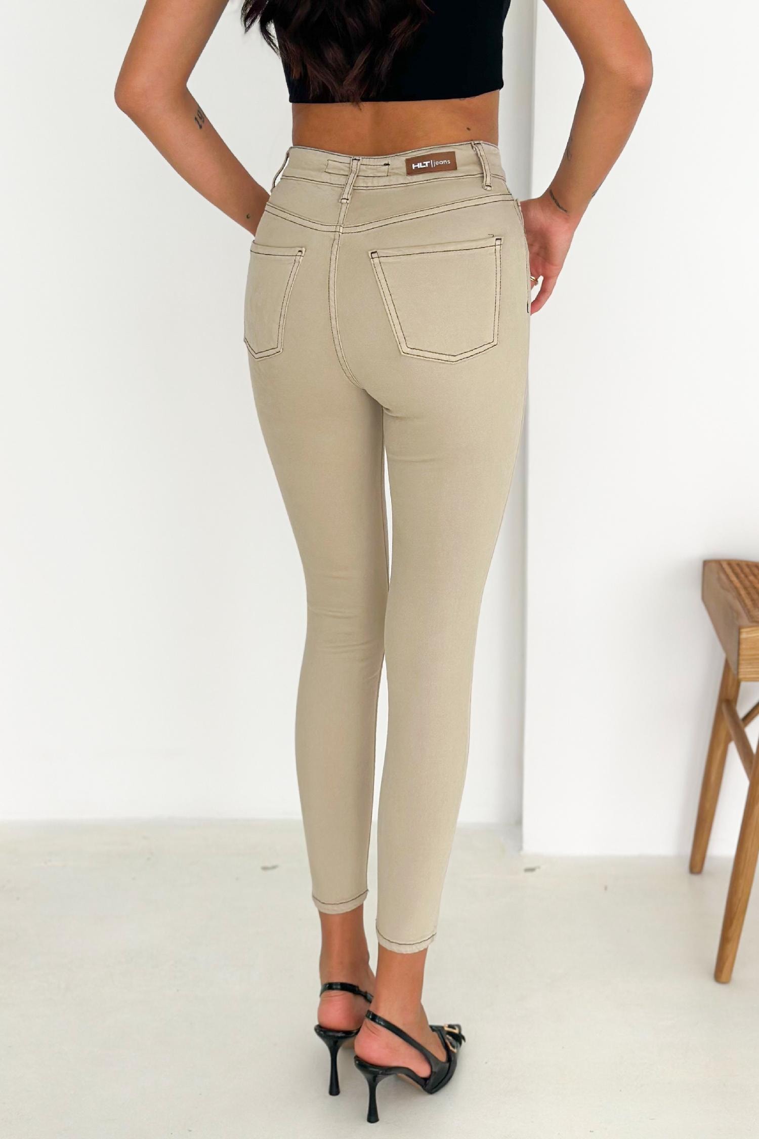 Kadın Fil Dişi Süper Skinny Fit Koyu İplik Detaylı Esnek Likralı Yüksek Bel Jean Kot Pan JENNİE-2010