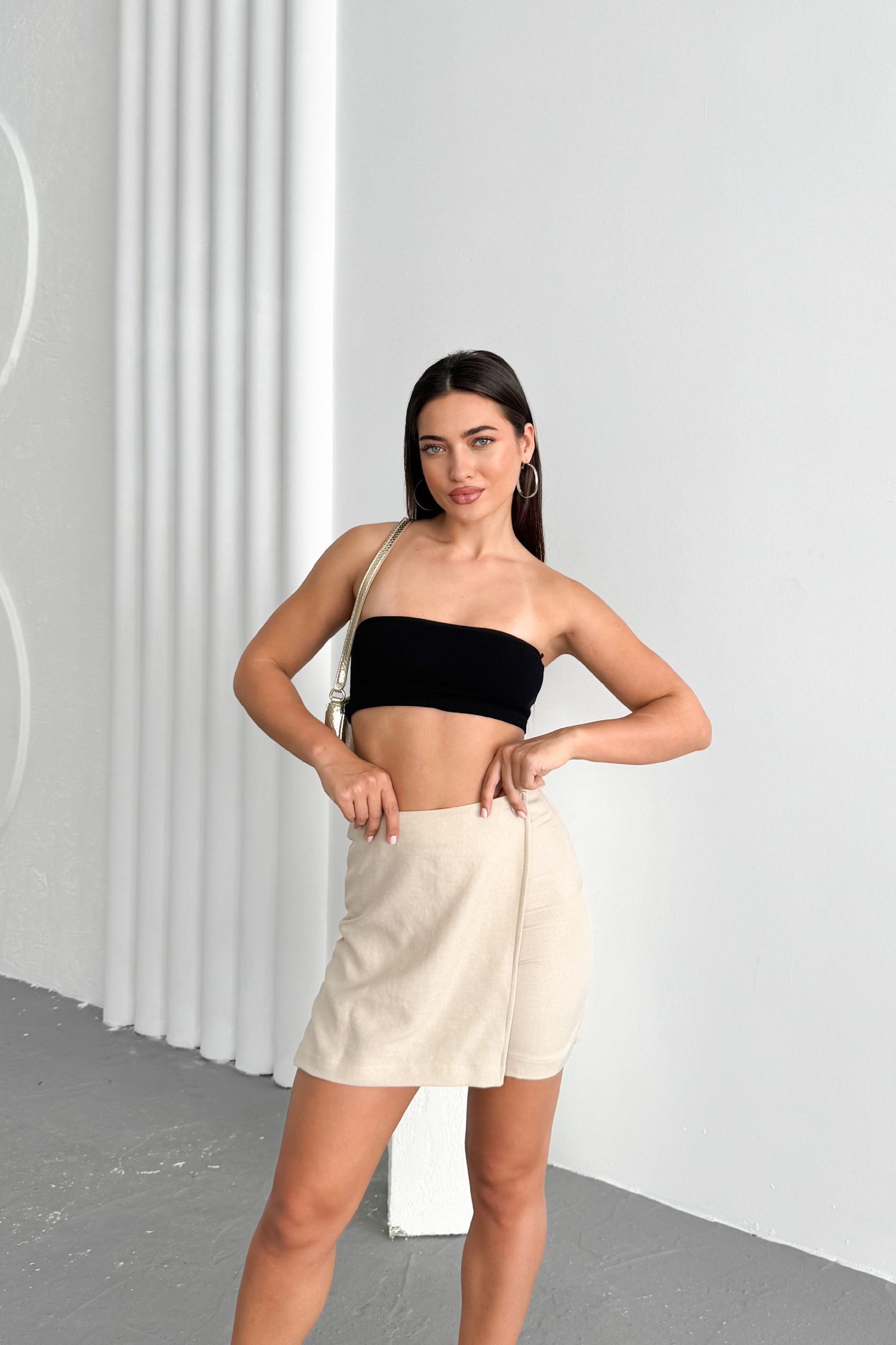 Krem Kadın Slim Yandan Fermuarlı Yüksek Bel Kısa Keten Şort Etek MİA-4551