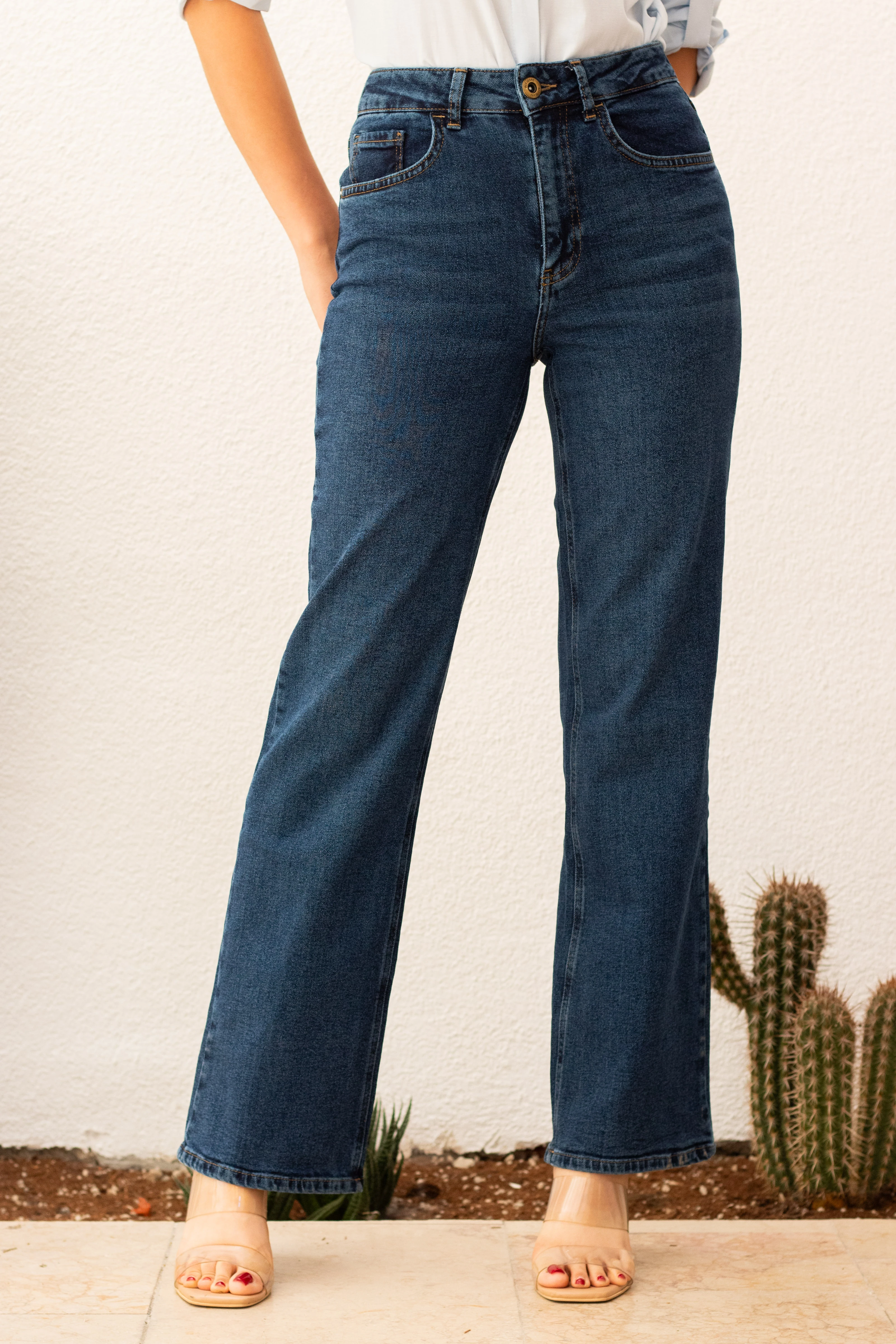 Koyu Mavi Kadın Wide Leg Jean Yüksek Bel Palazzo Likralı Esnek Kot Pantolon Jessica-kymavi