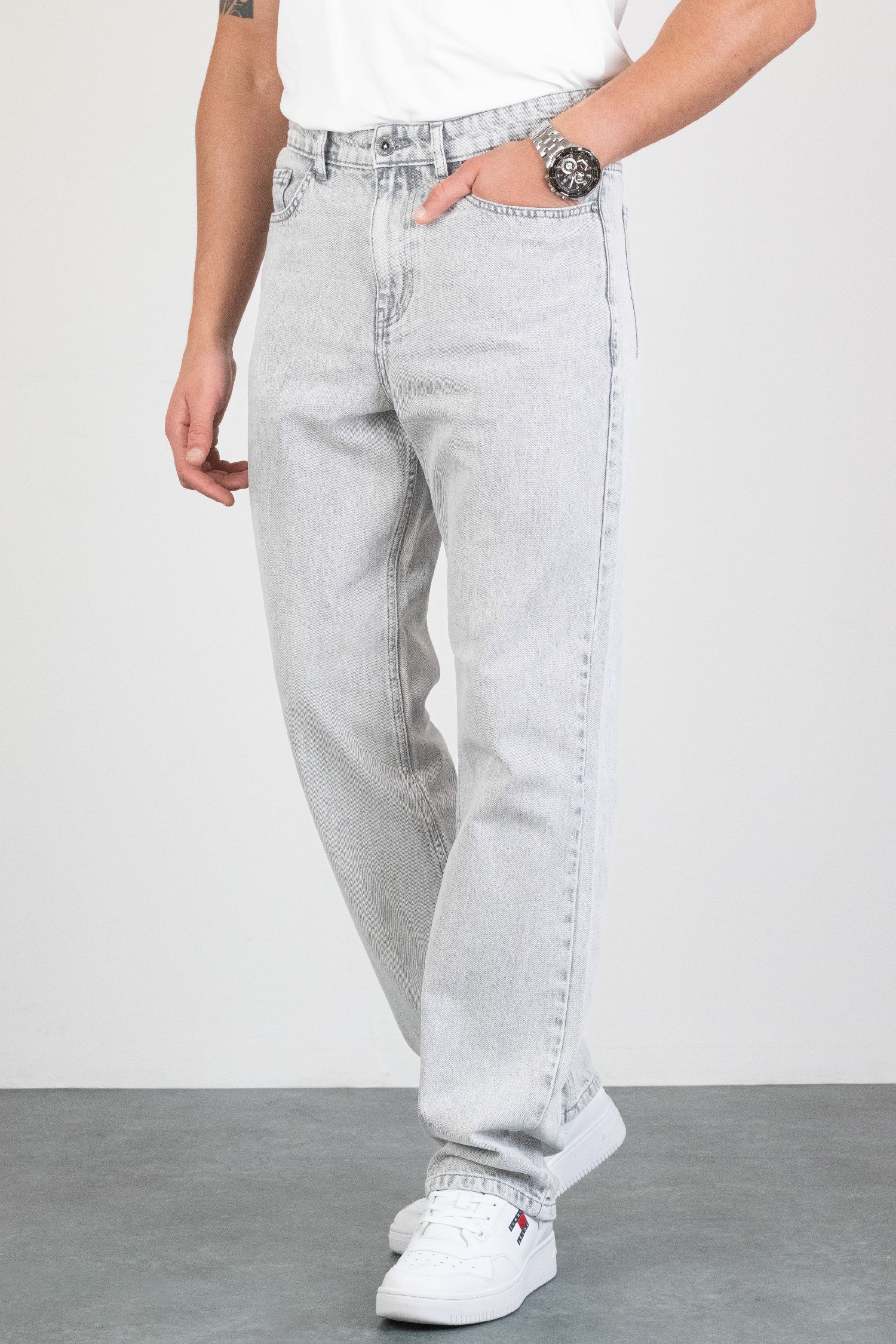 Erkek Açık Gri Straight Baggy Fit Likrasız Rahat Kesim %100 Pamuk Loose Jean Pantolon OLİVER
