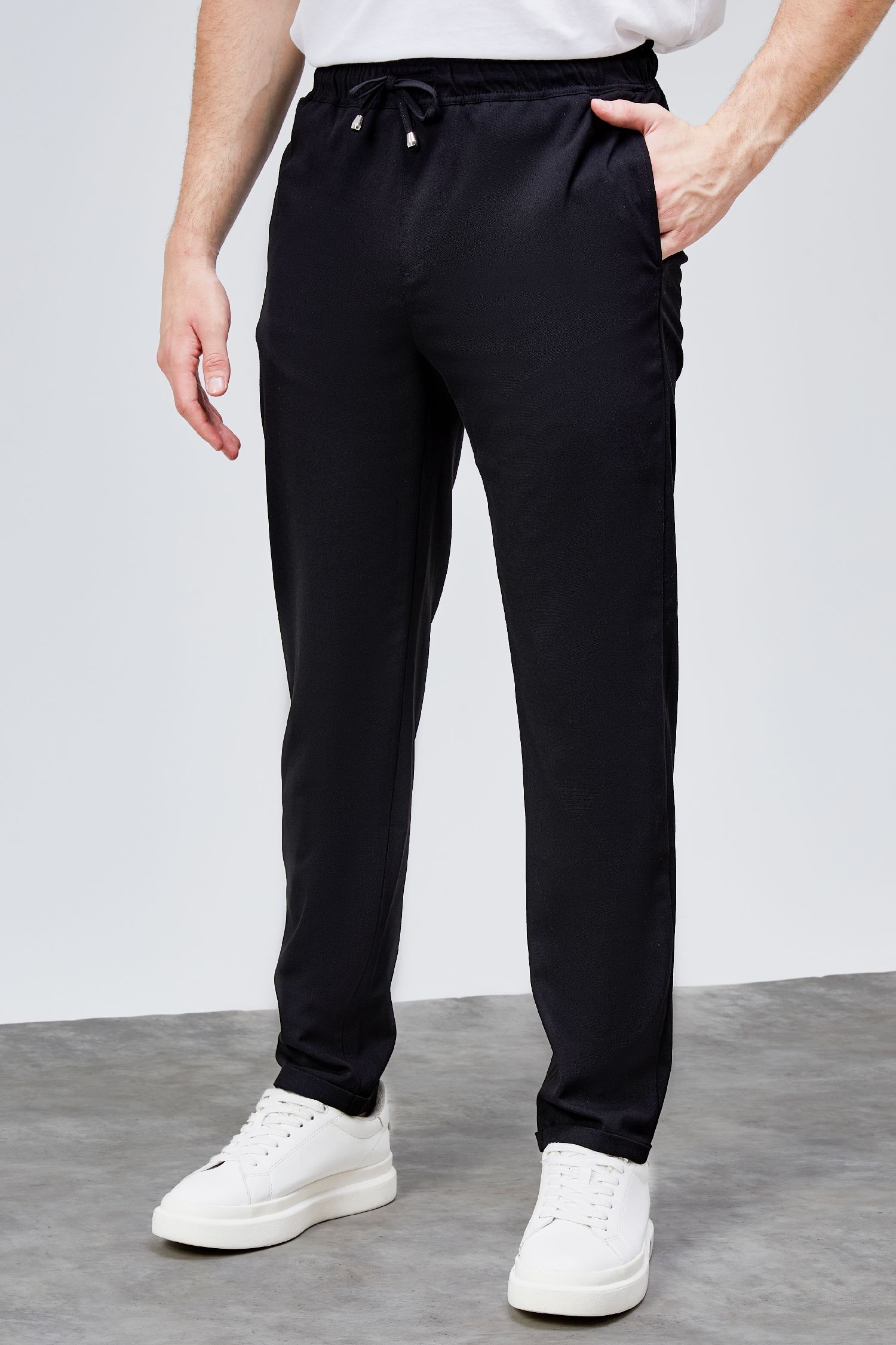 Erkek Siyah Relaxed Fit Yandan Cepli Beli Lastikli Bağcıklı Duble Paça Jogger Pantolon BOLT-1996